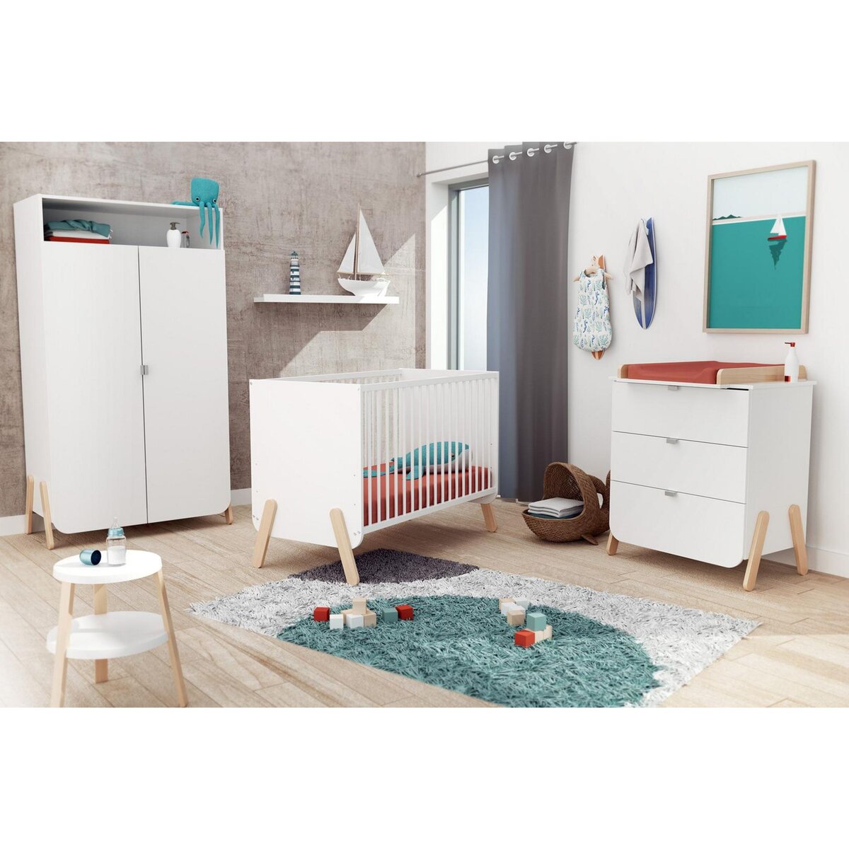 AT4 Chambre enfant lit + commode 3 tiroirs et armoire en bois PIRATE