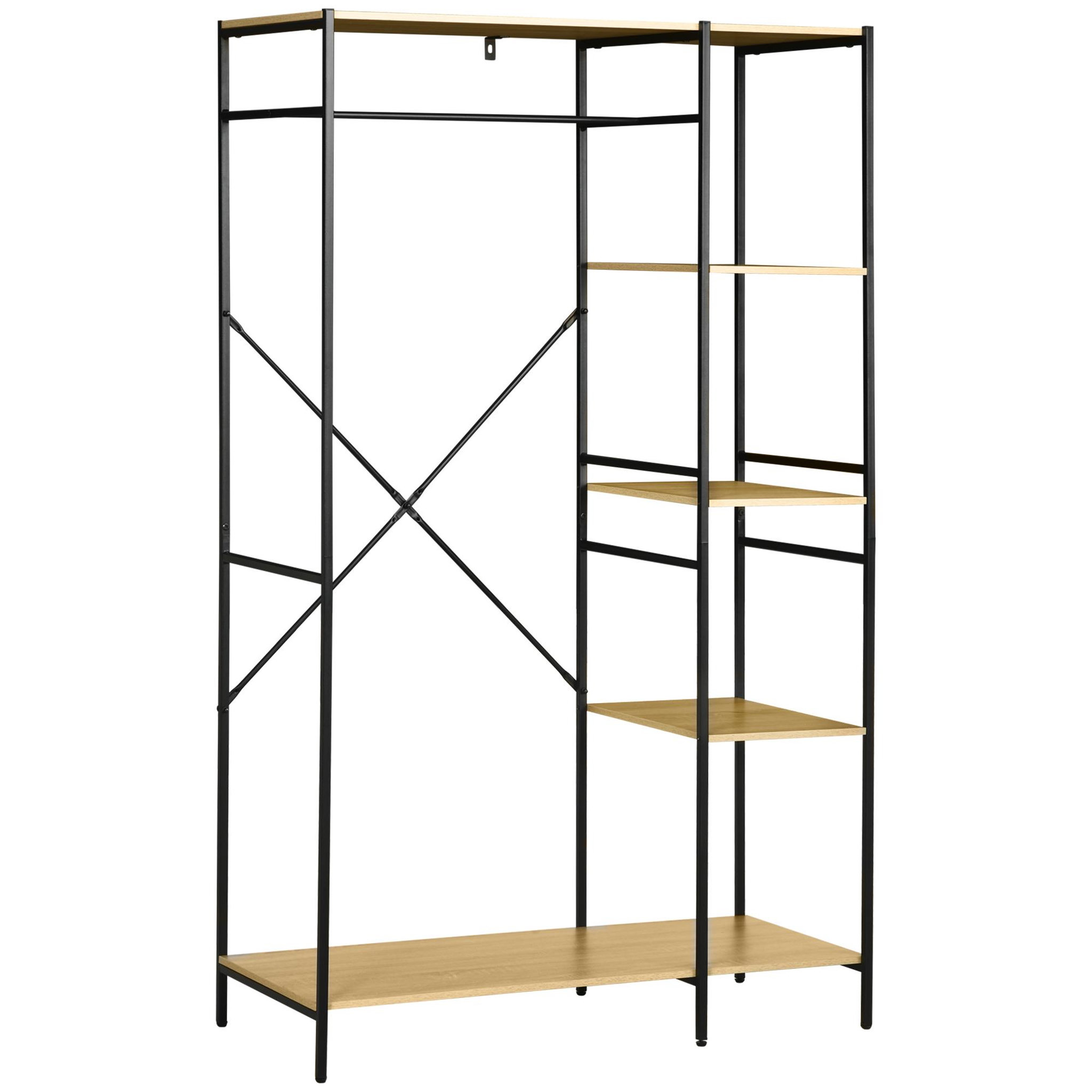 HOMCOM Penderie portant à vêtements style industriel en métal avec tringle et 4 étagères - dim. 100L x 46L x 170,5H cm - métal aspect chêne clair