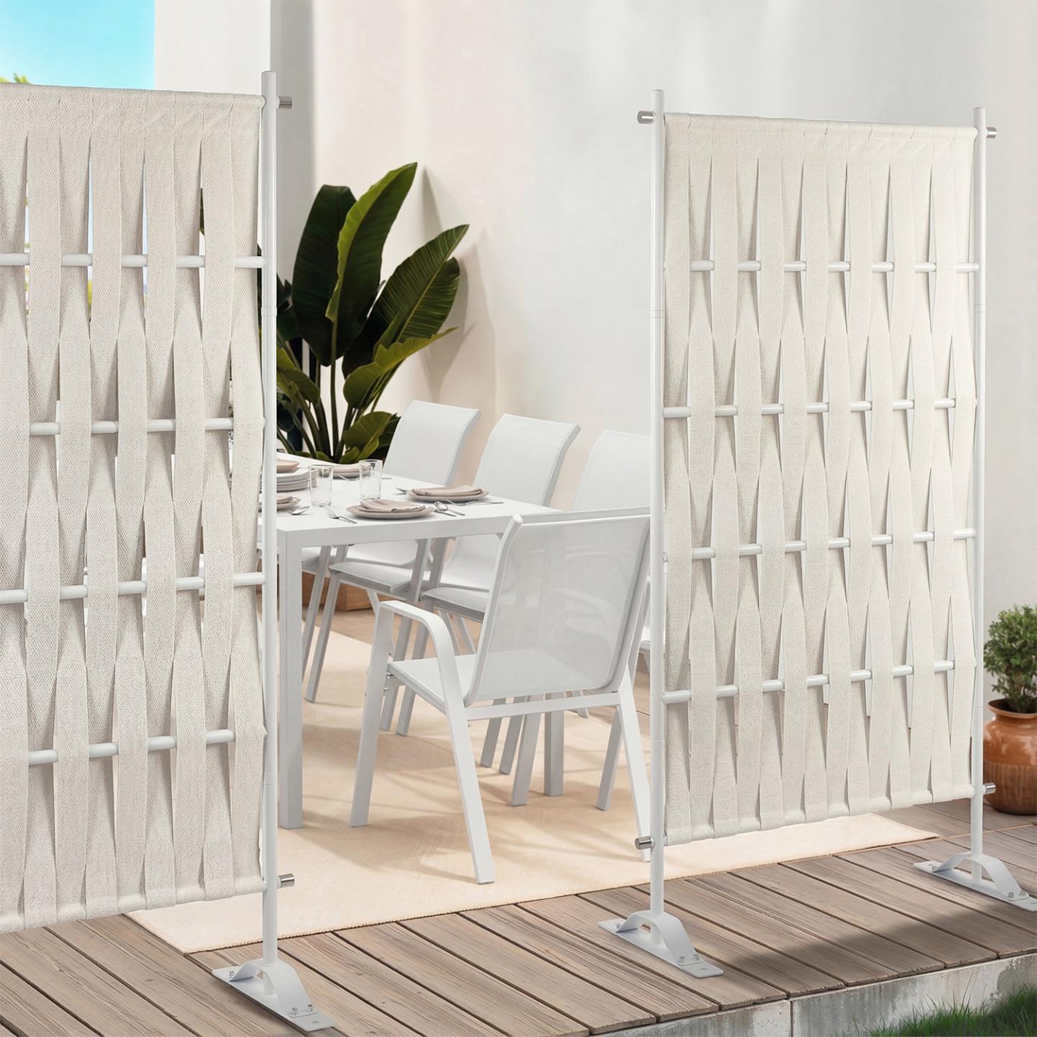 Voir la diapositive 4 : ID MARKET Paravent extérieur claustra décoratif 80 x 150 cm sangles beige et métal blanc