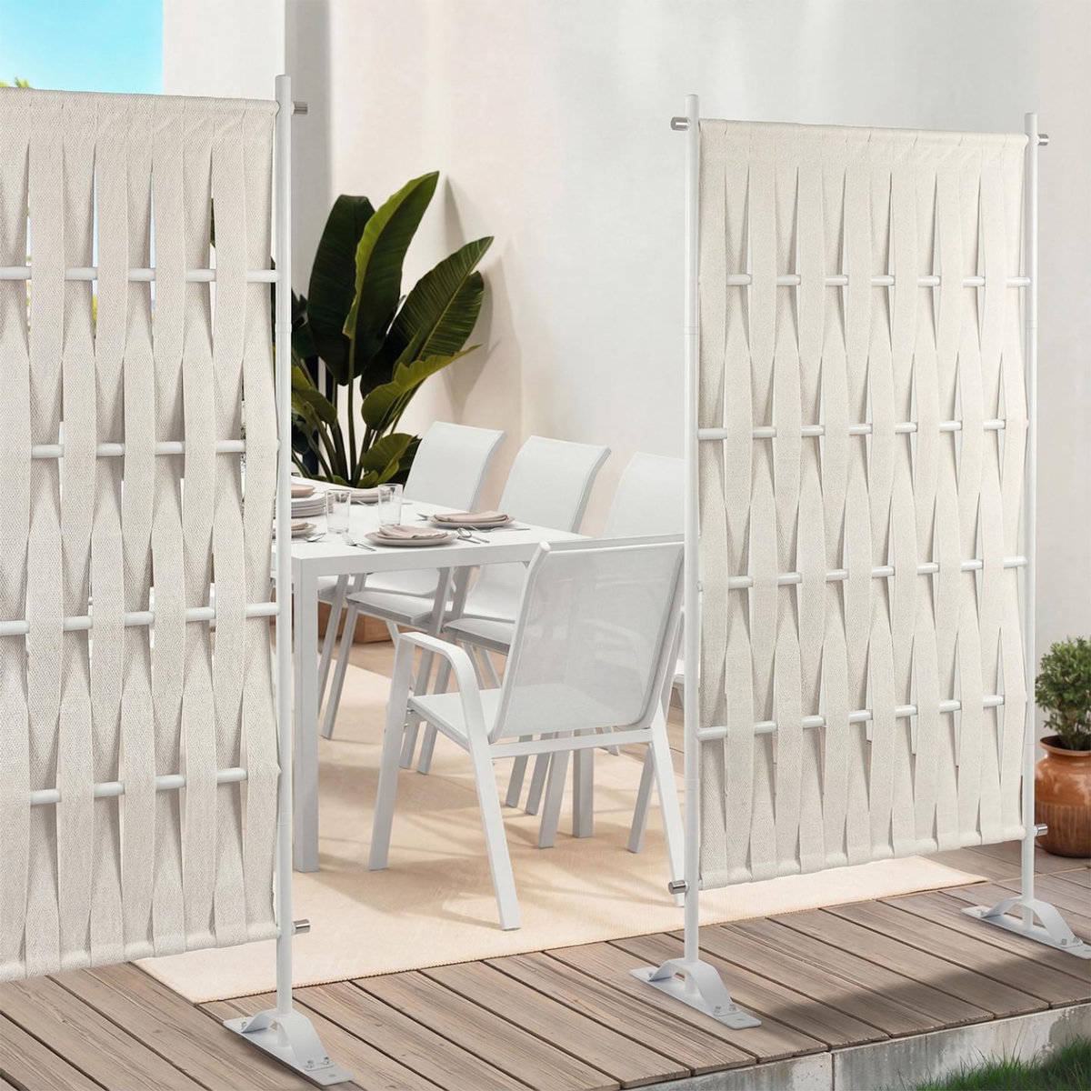 ID MARKET Paravent extérieur claustra décoratif 80 x 150 cm sangles beige et métal blanc