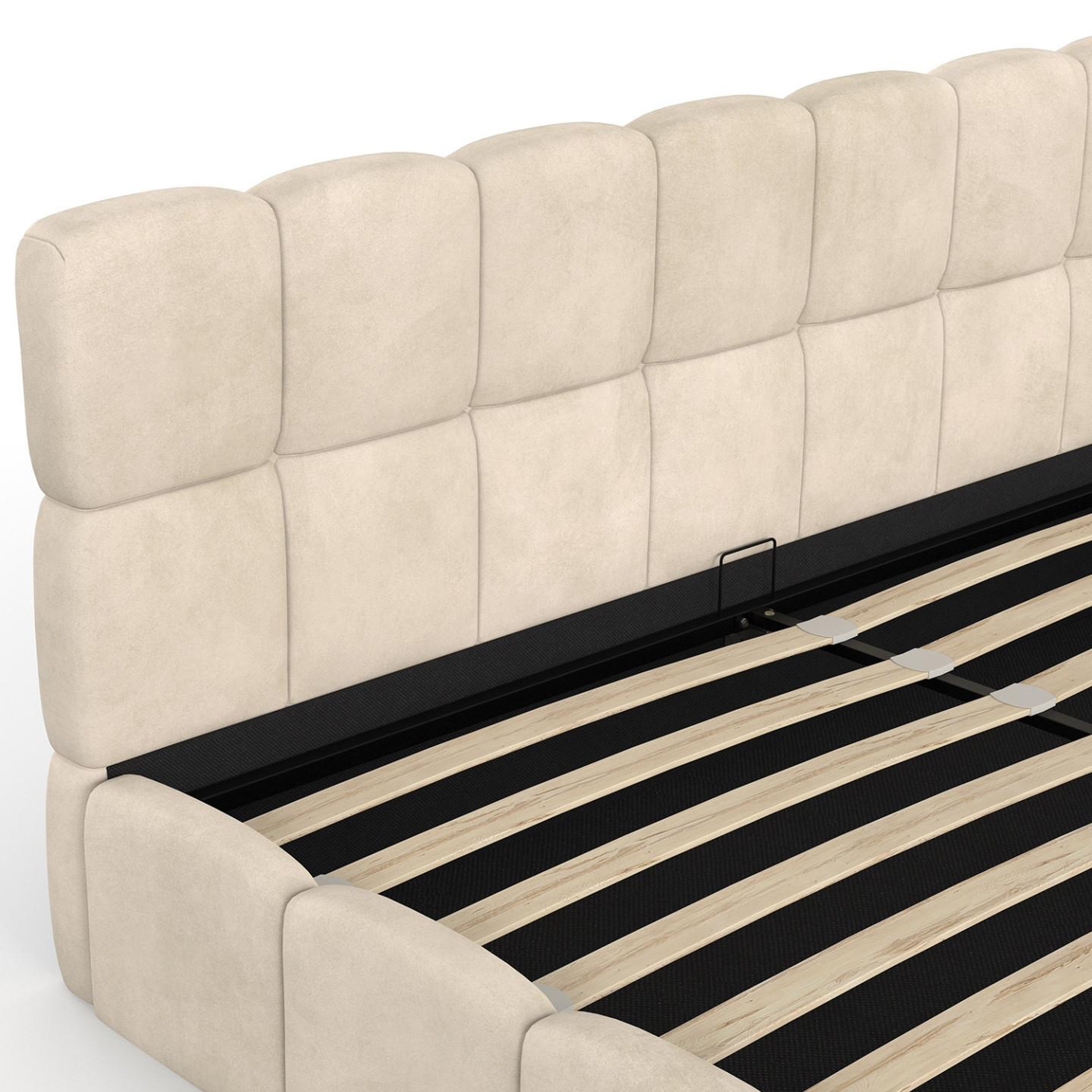 Voir la diapositive 6 : ID MARKET Lit coffre double nuage avec tête de lit matelassée et sommier 180 x 200 cm velours beige