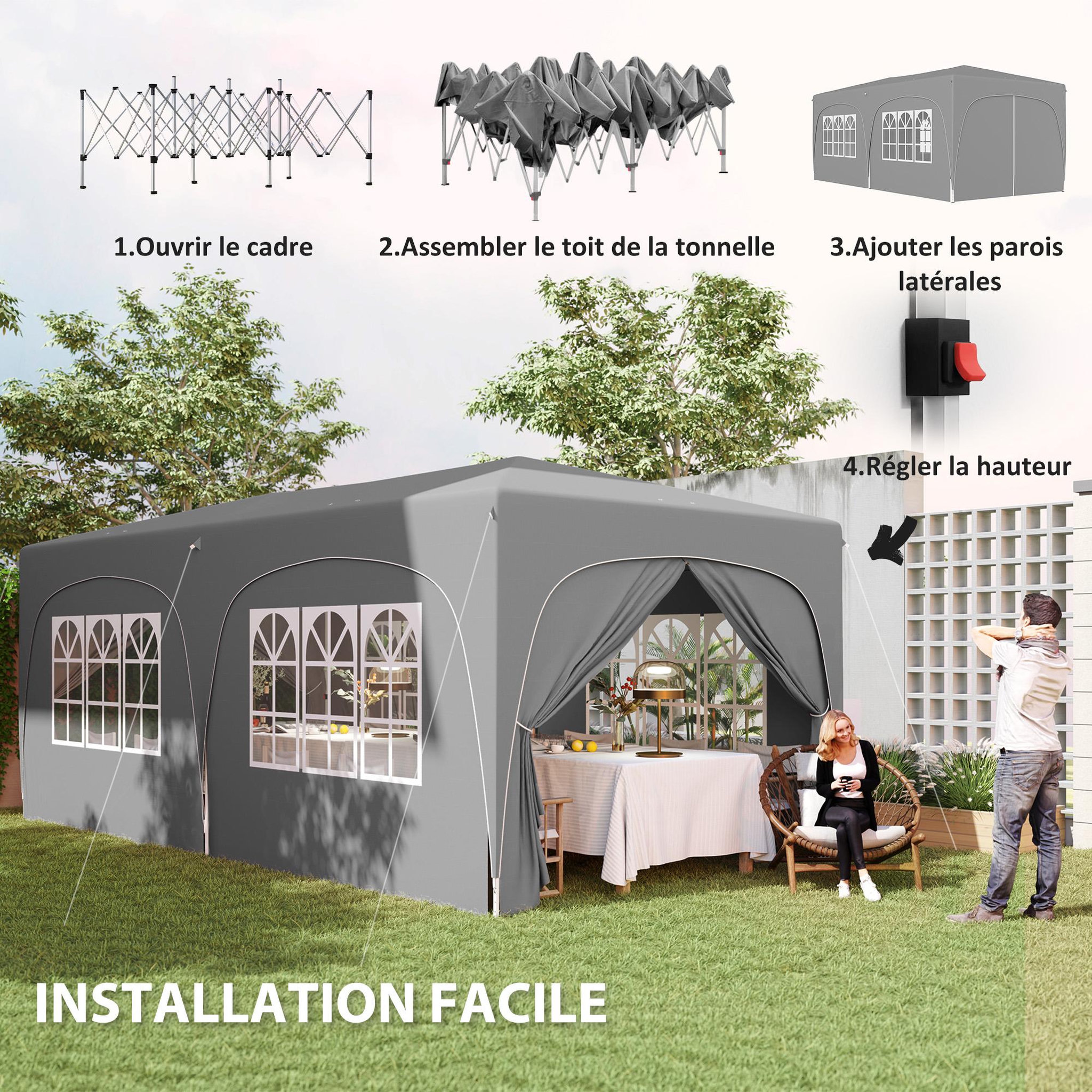 Voir la diapositive 5 : OUTSUNNY Tonnelle barnum pop up automatique 3x6 m - hauteur réglable - sac de transport, 6 sacs à lester inclus - gris