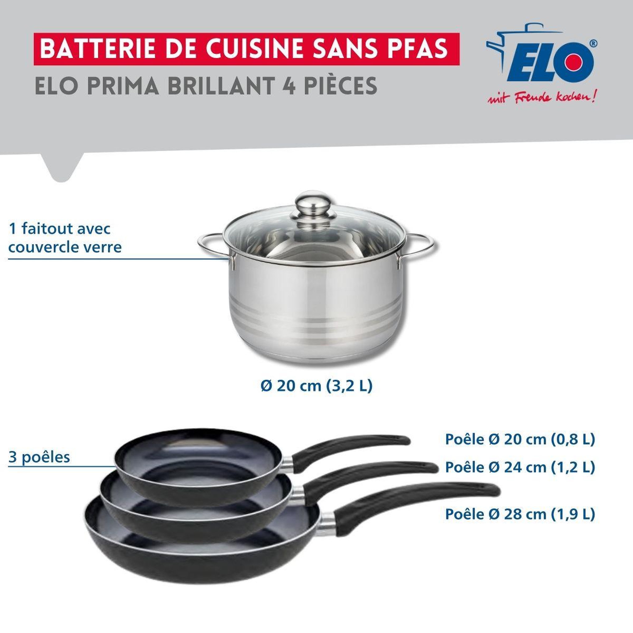 Voir la diapositive 2 : ELO Ensemble de 3 poêles de cuisson 20, 24 et 28 cm et 1 faitout 20 cm elo prima brillant