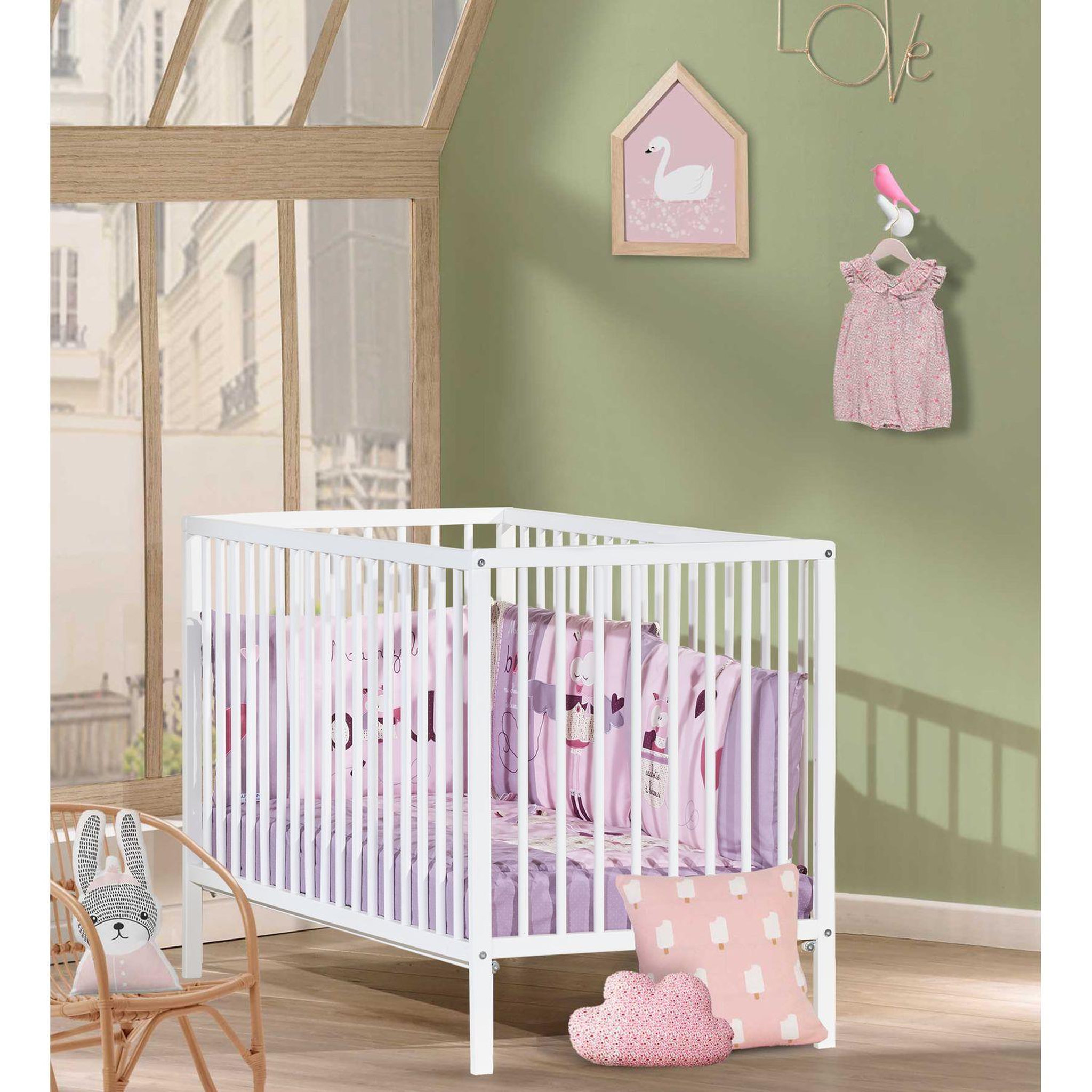 Voir la diapositive 2 : BABY PRICE Lit bébé 60x120cm sommier réglable en hauteur, barreaux blanc, collection FIRST