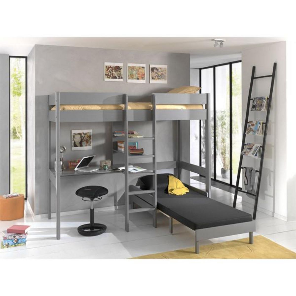 Paris Prix Lit Mezzanine Avec Fauteuil  Pino  90x200cm Gris