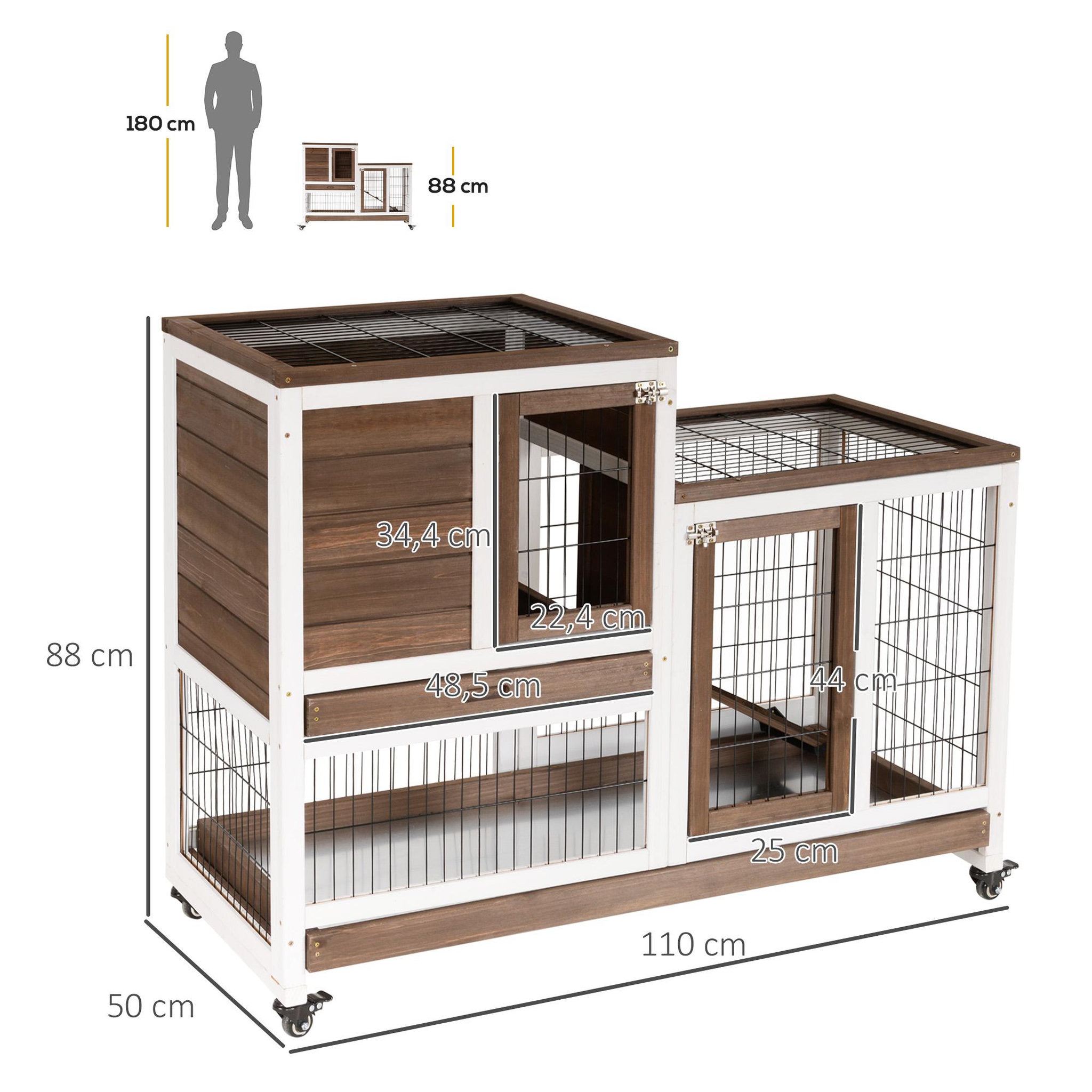 Voir la diapositive 3 : PAWHUT Clapier à lapin sur roulettes cage à lapin 2 étages 2 portes verrouillables 2 plateaux coulissants rampe bois de sapin marron blanc