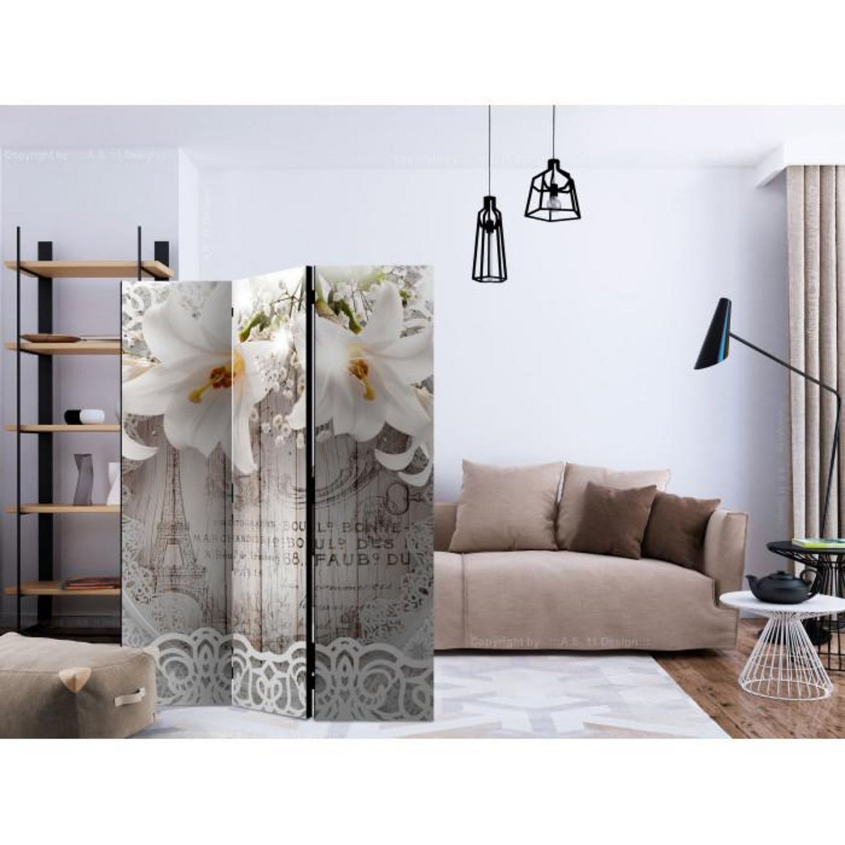 Paris Prix Paravent 3 Volets  Lilies & Quilted Background  135x172cm