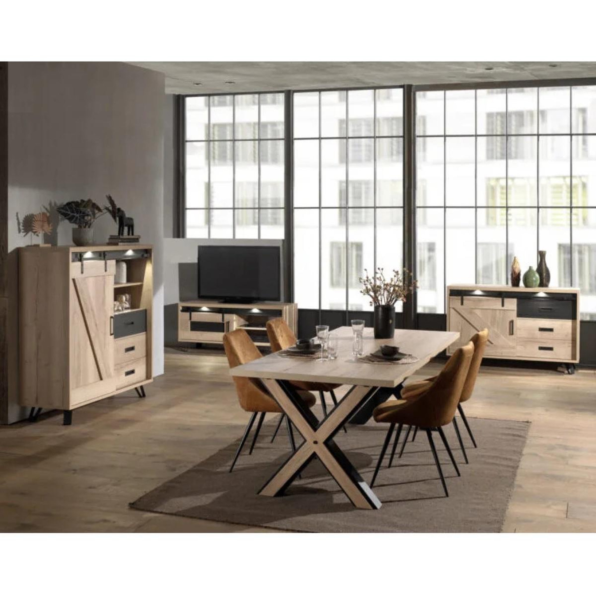 Voir la diapositive 4 : JLC KREATION Meuble tv industriel décor chêne + led 1 porte 150cm costa