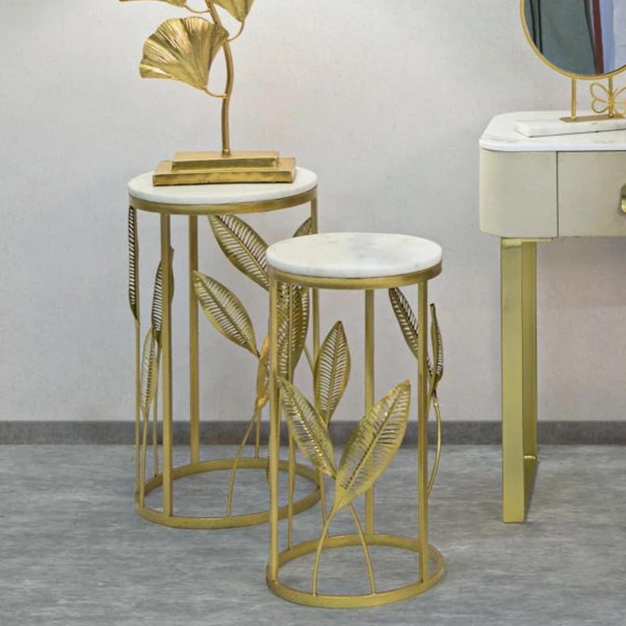 Voir la diapositive 5 : Paris Prix Lot de 2 tables d'appoint effet marbre  leaf  65cm or