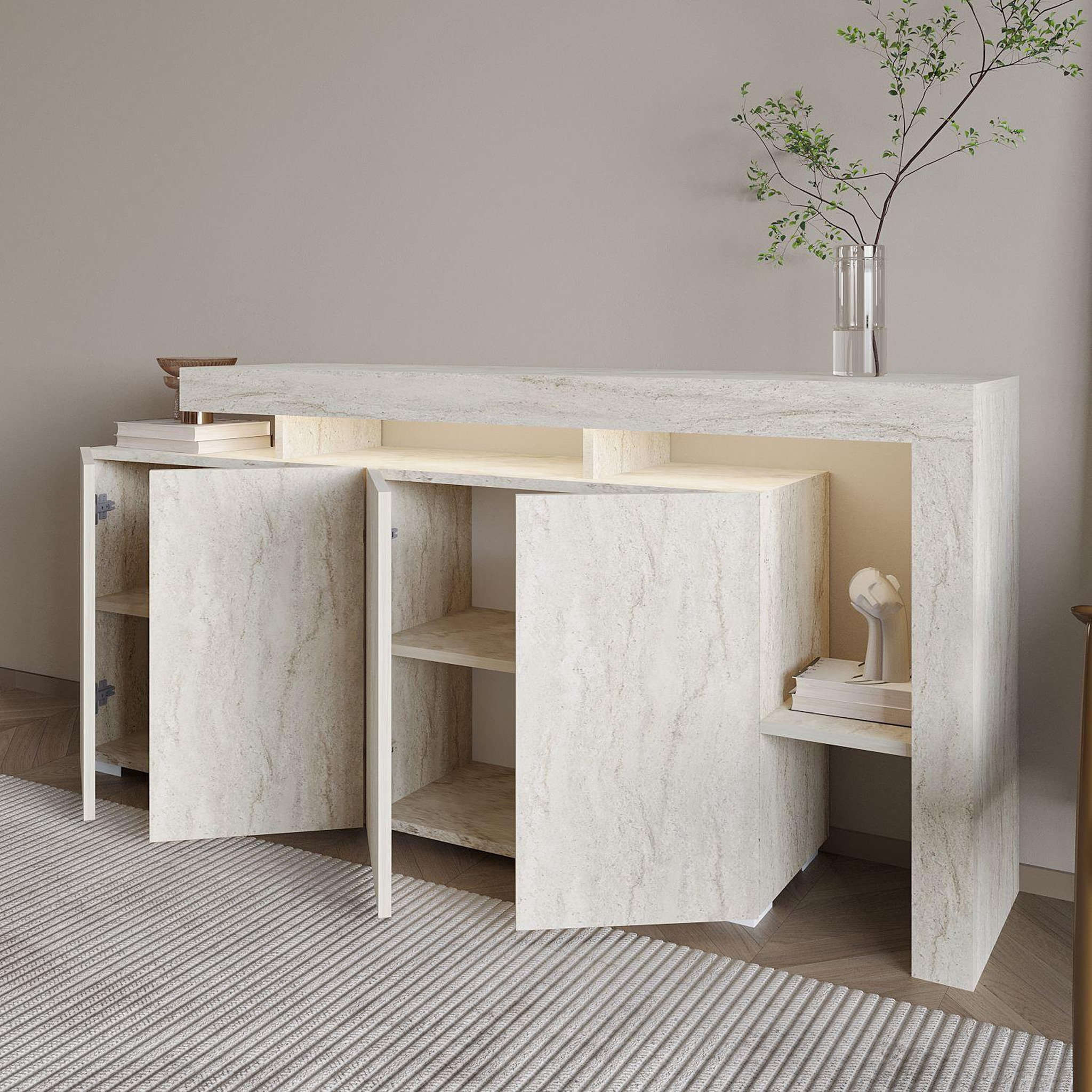 Voir la diapositive 4 : Habitat et Jardin Buffet en bois  beliz  - 170 x 35 x 80 cm - travertin