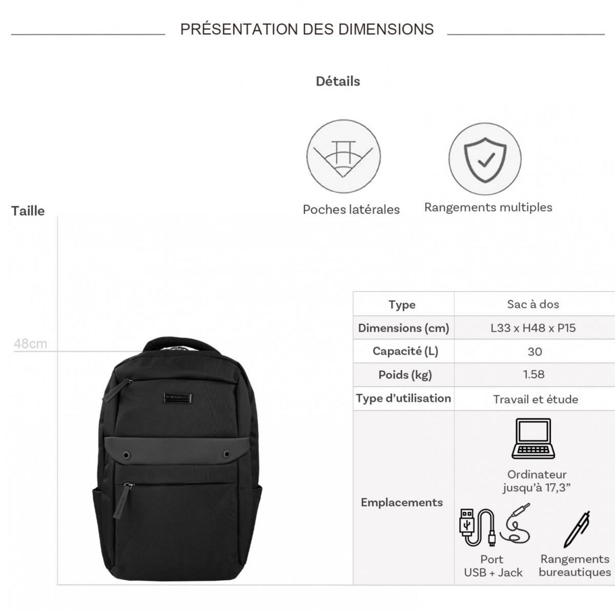 David Jones Sac à dos porte-ordinateur 17.3