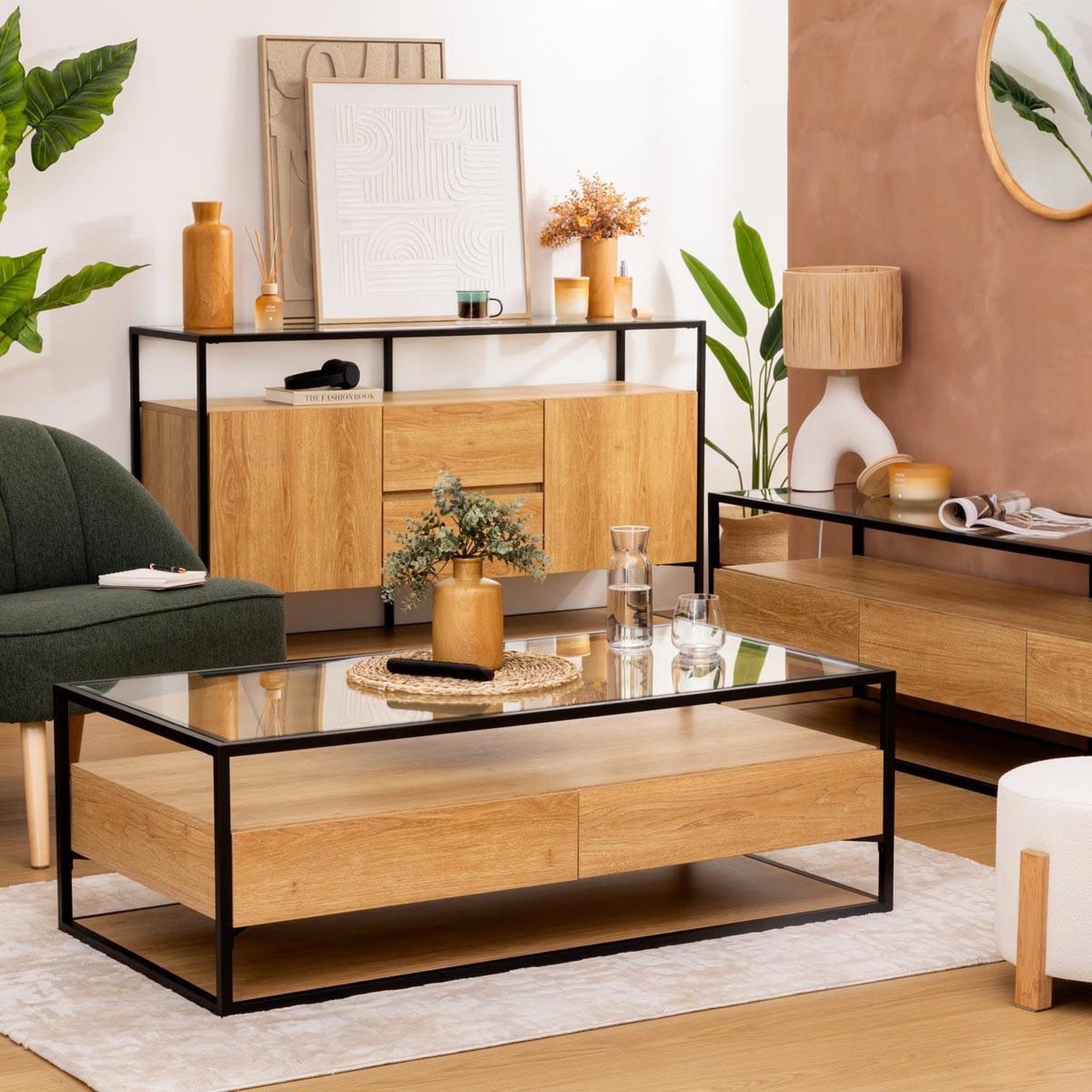 Voir la diapositive 6 : ATMOSPHERA Table basse 2 tiroirs  aldéa  120cm naturel