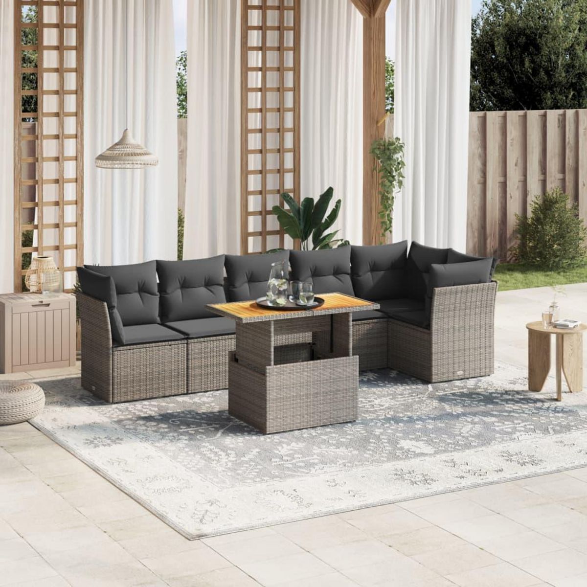VIDAXL Salon de jardin avec coussins 7 pcs gris resine tressee