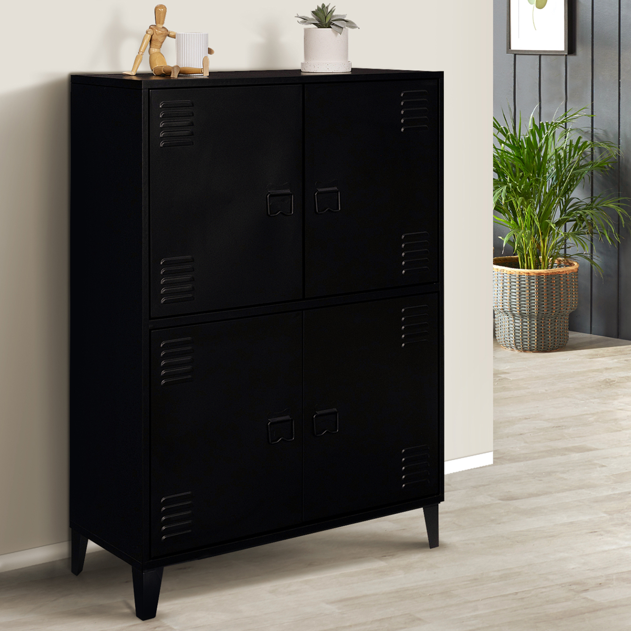 Voir la diapositive 2 : ID MARKET Armoire basse ester 4 portes métal noir design industriel