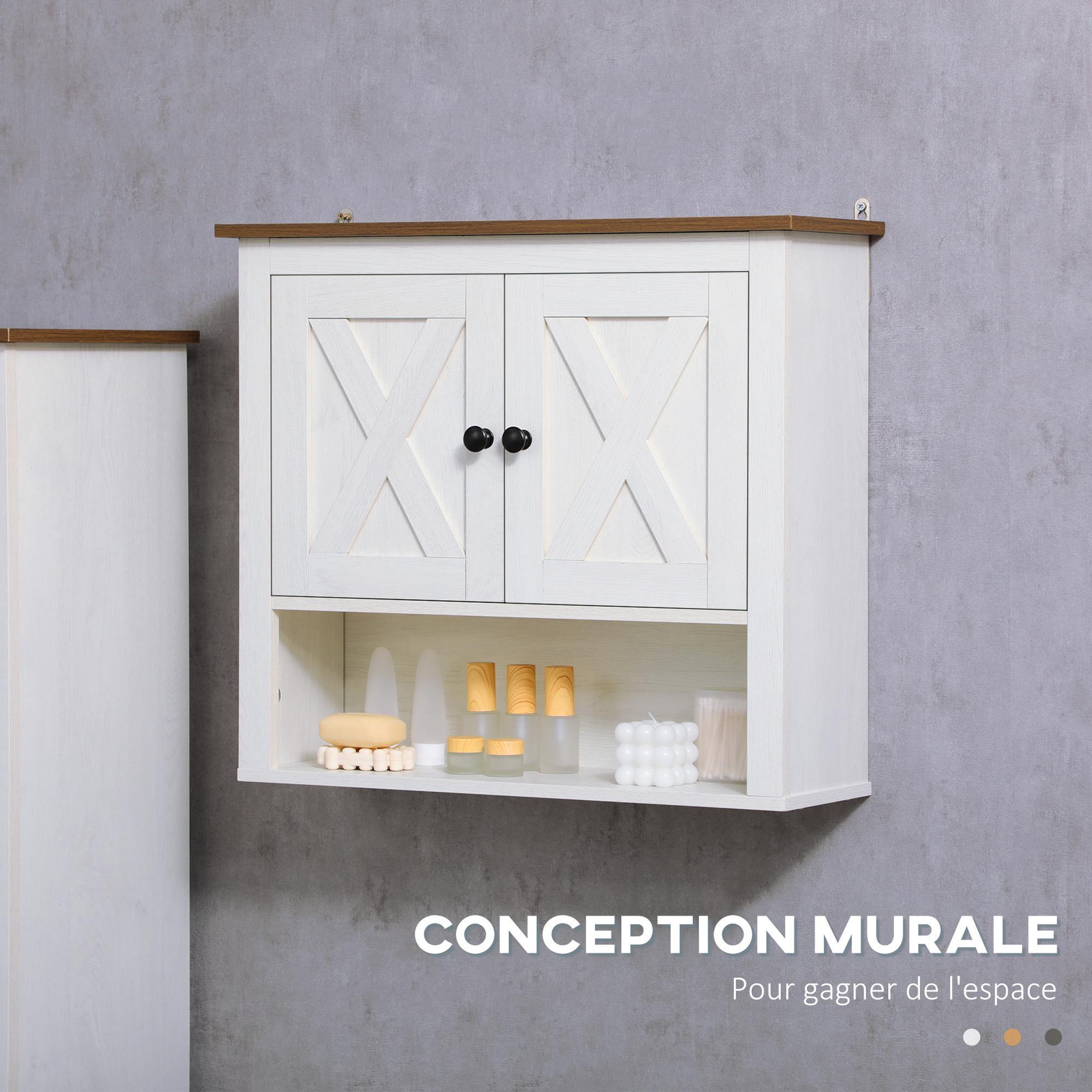 Voir la diapositive 6 : KLEANKIN Armoire murale salle de bain style rustique chic - 2 portes, étagère, niche - effet bois noyer écru