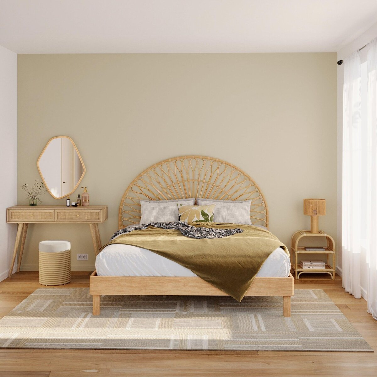 Rendez vous déco Tabouret en rotin et tissu crème H 43 cm-Théa