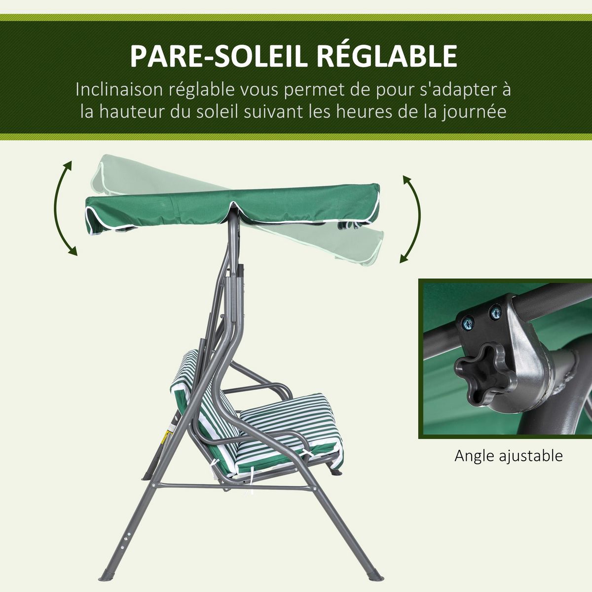 OUTSUNNY Balancelle de jardin 3 places - toit inclinaison réglable - coussins assise et dossier - gris blanc vert