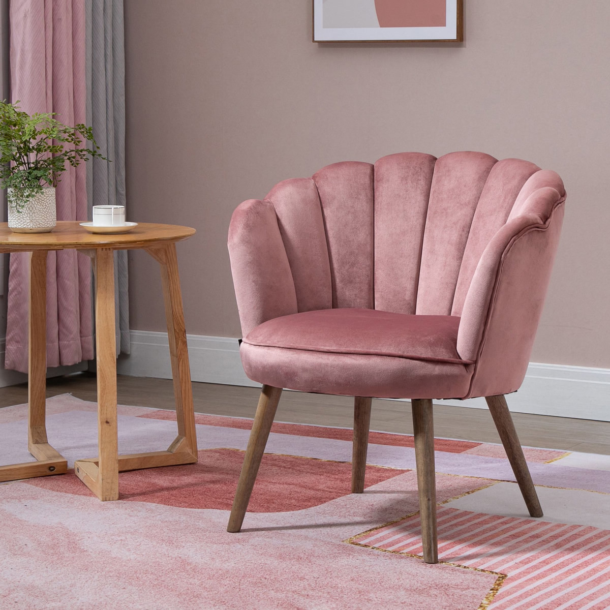HOMCOM Fauteuil design coquillage piètement effilé bois d'hévéa dossier enveloppant strié aspect velours rose poudré