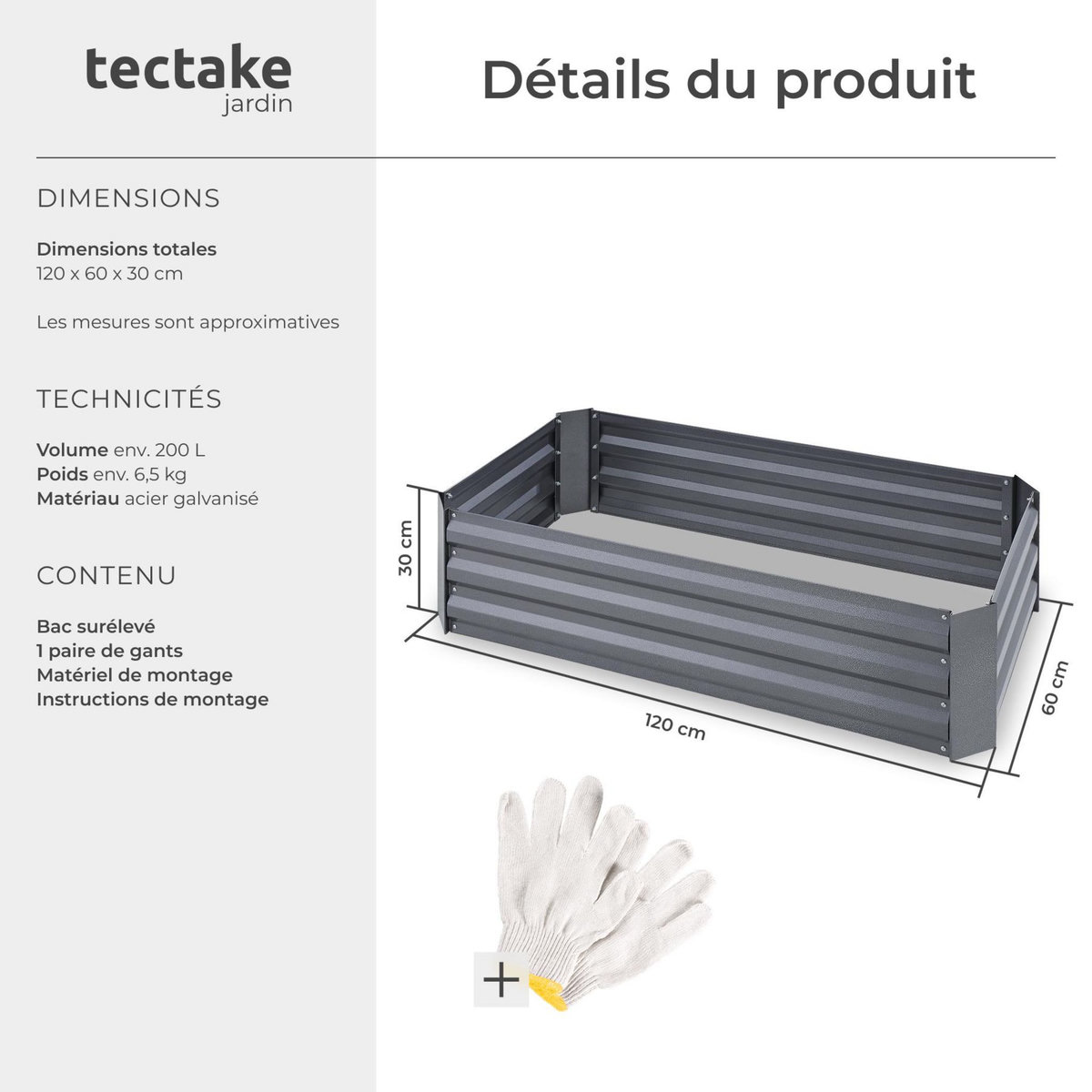 tectake Carré potager 200 L en acier galvanisé gris