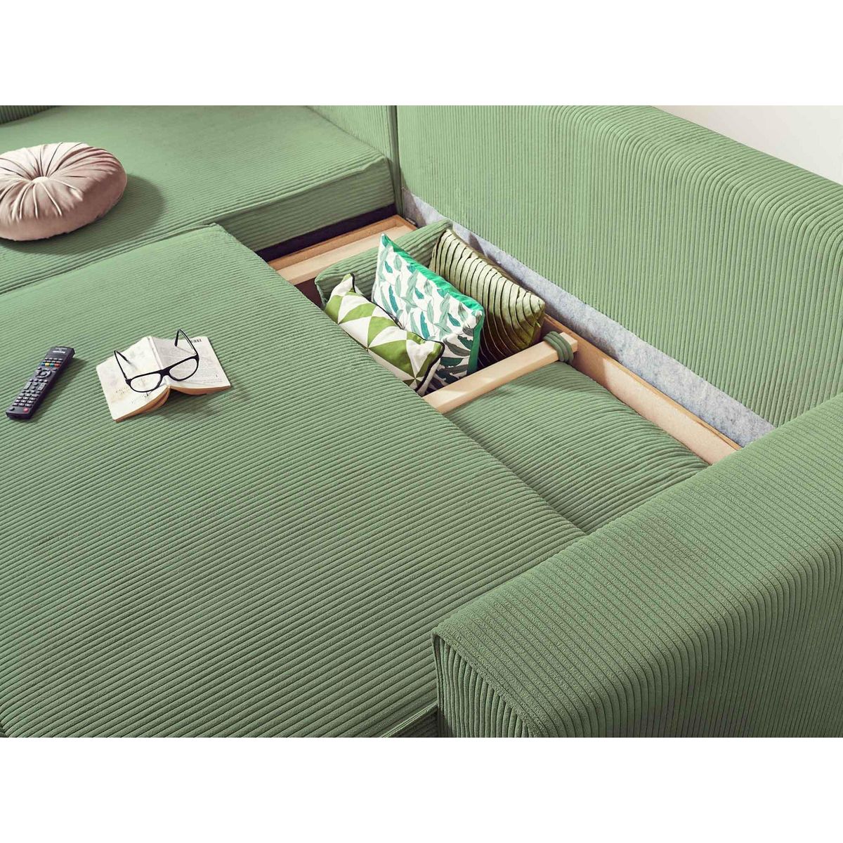 BEST MOBILIER Dellia - canapé d'angle réversible convertible - avec coffre - en velours côtelé - 4 places