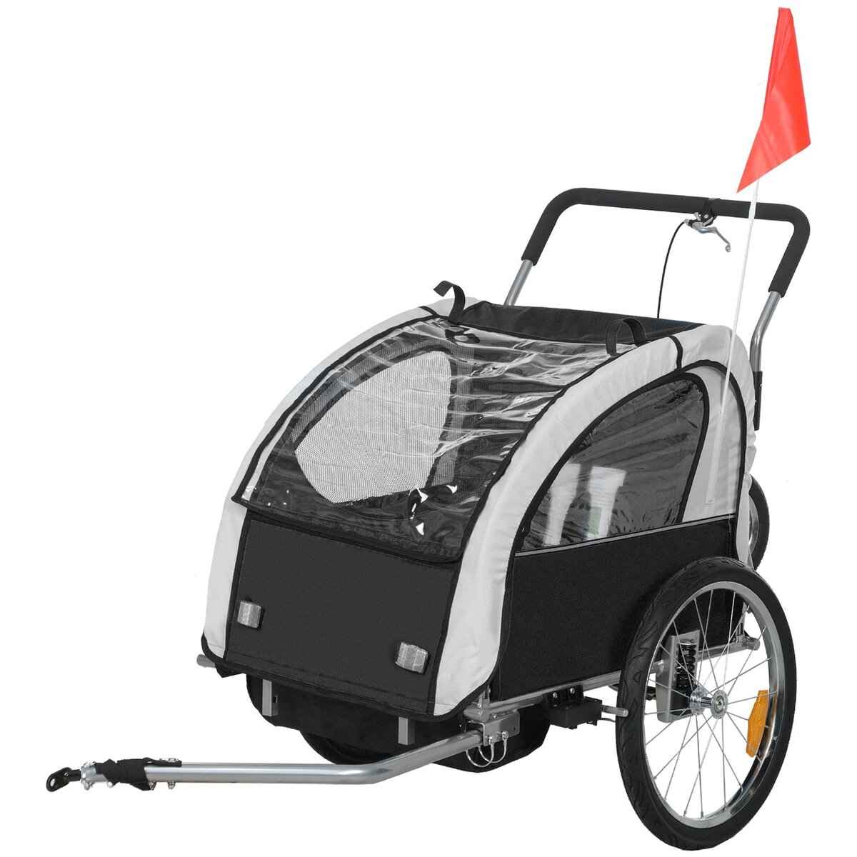 HOMCOM Remorque vélo jogger 2 en 1 enfant drapeau roue avant pivotante réflecteurs barre d'attelage inclus noir blanc