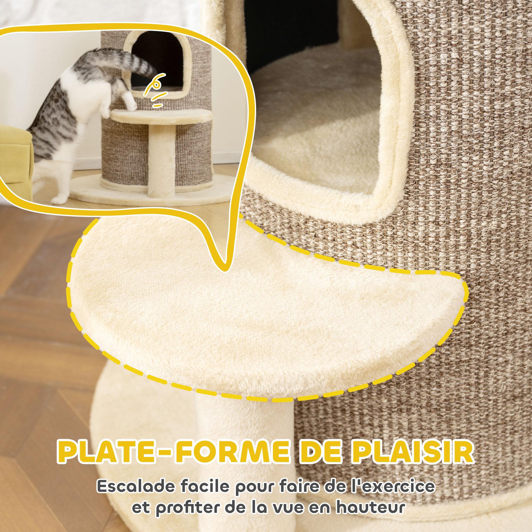Voir la diapositive 6 : PAWHUT Arbre à chat cylindrique - tour à griffer pour chat h.61cm - tonneau griffoir - 2 niveaux + plateforme - sisal peluche beige