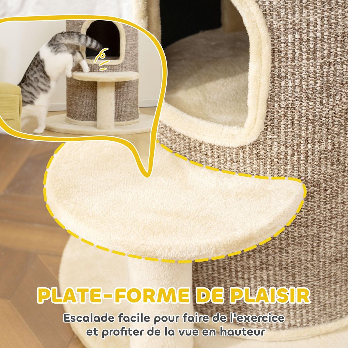 PAWHUT Arbre à chat cylindrique - tour à griffer pour chat H.61cm - tonneau griffoir - 2 niveaux + plateforme - sisal peluche beige
