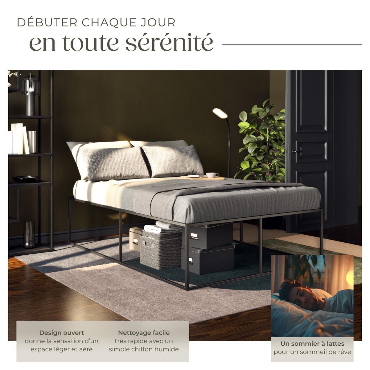 tectake Cadre de lit structure en acier robuste noir 140 x 200 x 46,5 cm