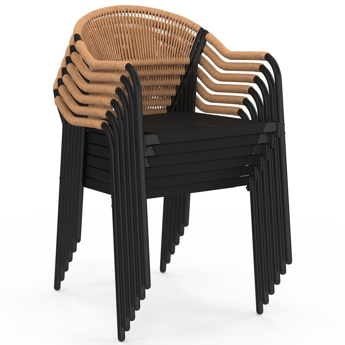 ID MARKET Lot de 6 chaises de jardin MADEIRA métal, cordage et textilène noir et rotin clair