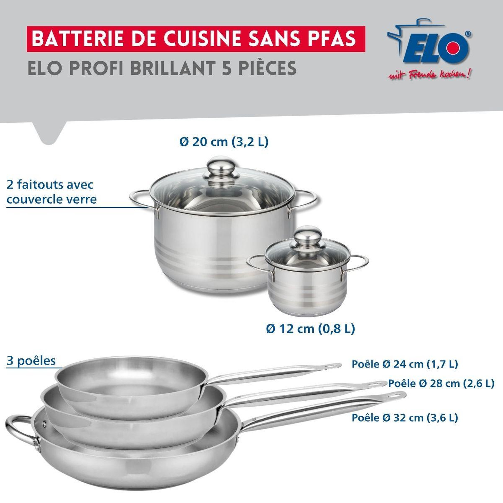 Voir la diapositive 2 : ELO Ensemble de 3 poêles de cuisson 24, 28 et 32 cm et 2 faitouts 12 et 20 cm elo profi brillant
