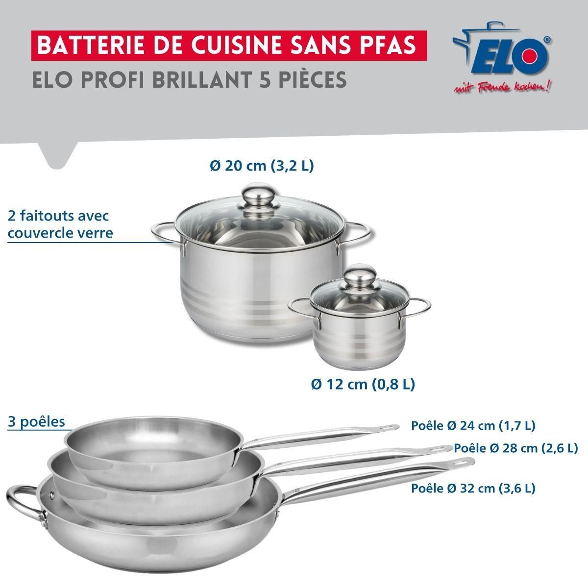 ELO Ensemble de 3 Poêles de cuisson 24, 28 et 32 cm et 2 faitouts 12 et 20 cm Elo Profi Brillant