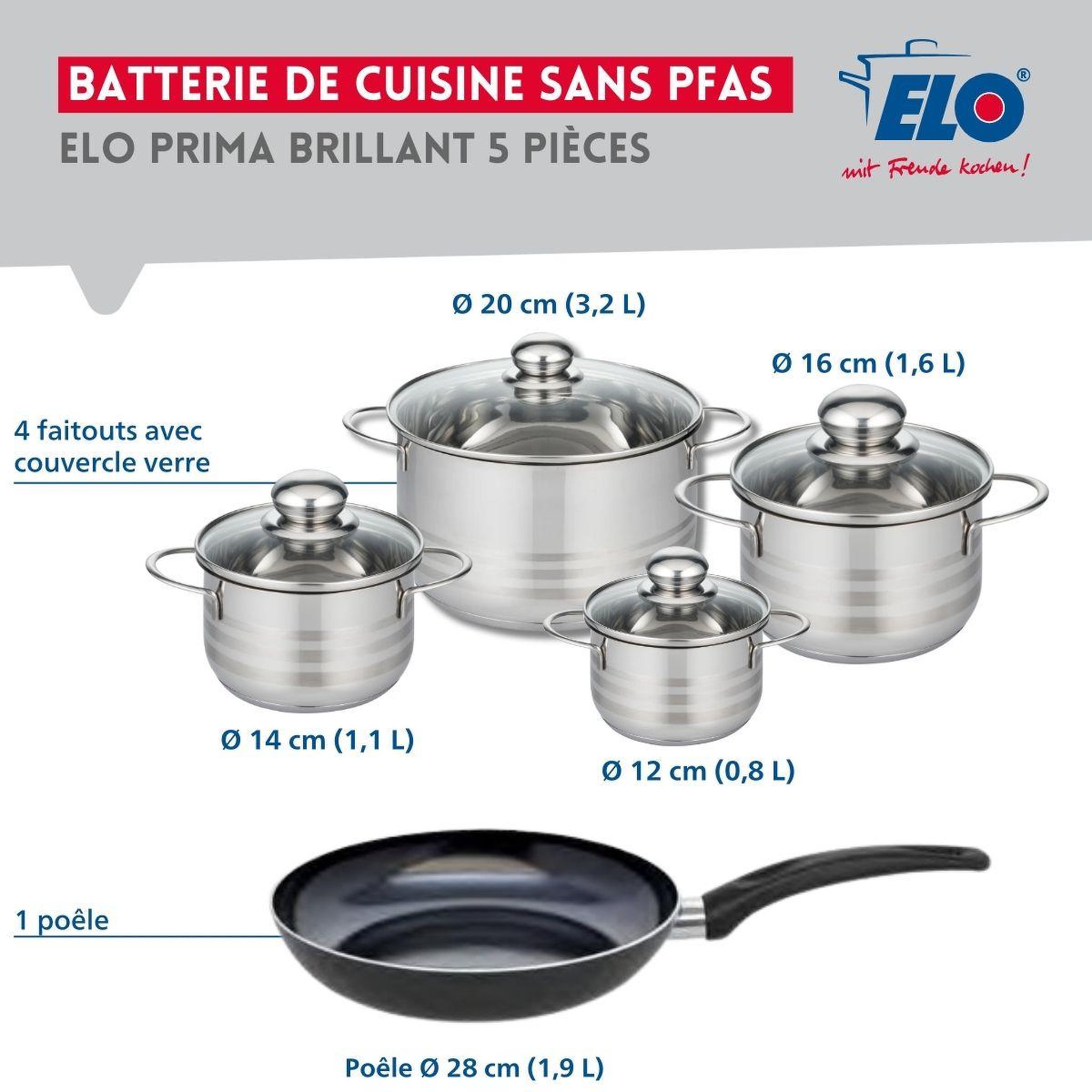 Voir la diapositive 2 : ELO Ensemble de 1 poêle de cuisson 28 cm et 4 faitouts 12, 14, 16 et 20 cm elo prima brillant