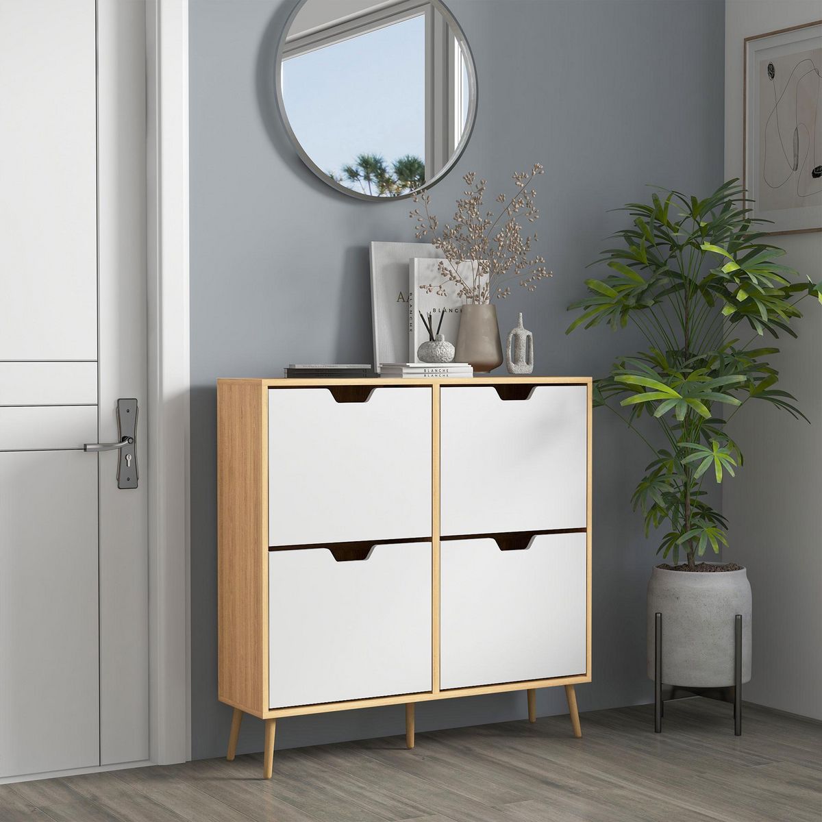 HOMCOM Meuble à chaussures design scandinave 4 portes abattantes 4 étagères réglables bois pin panneaux bois clair blanc