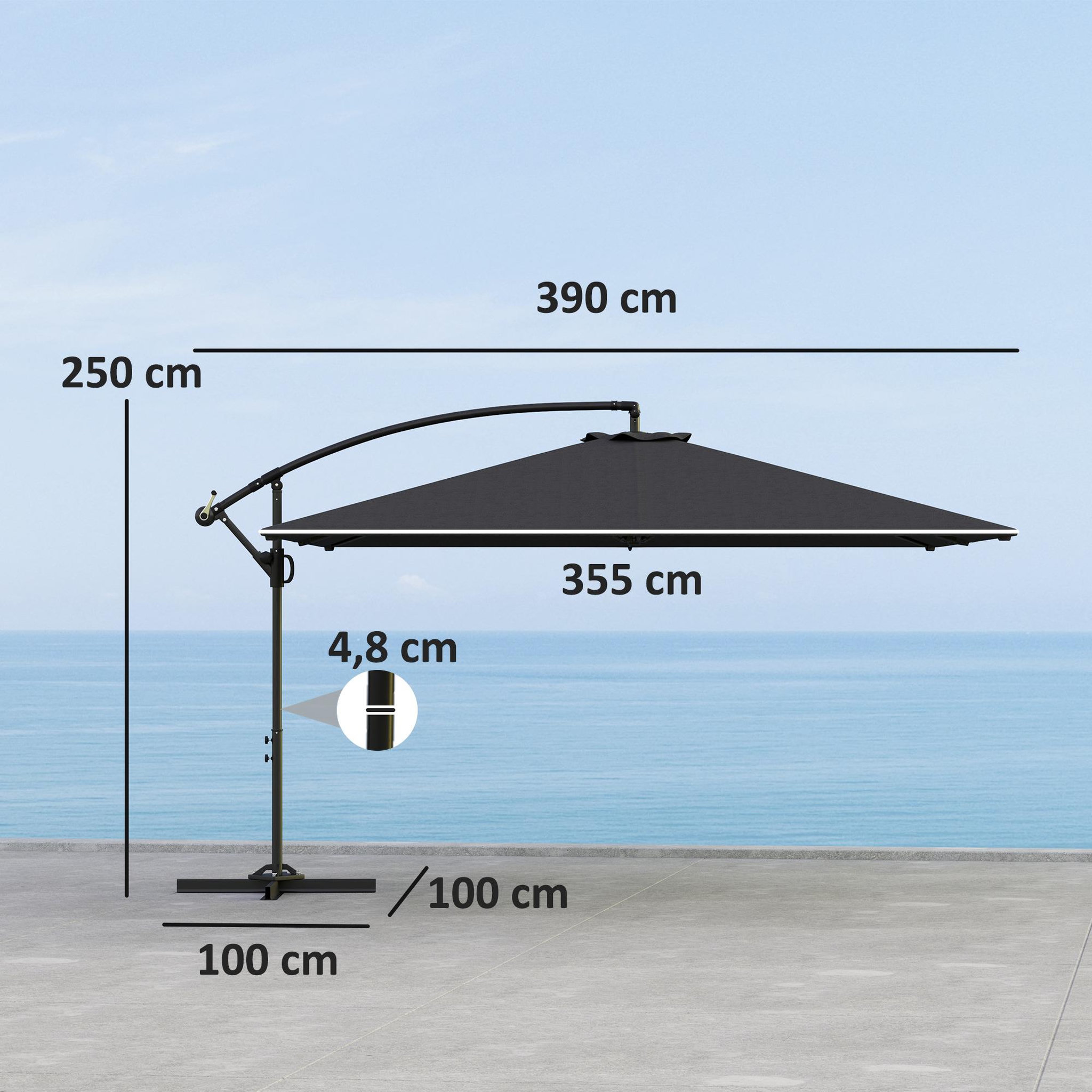 Voir la diapositive 3 : OUTSUNNY Parasol déporté rectangulaire grande taille dim. 3,55 x 3,9 m - inclinable, pivotant - manivelle, piètement en croix - gris