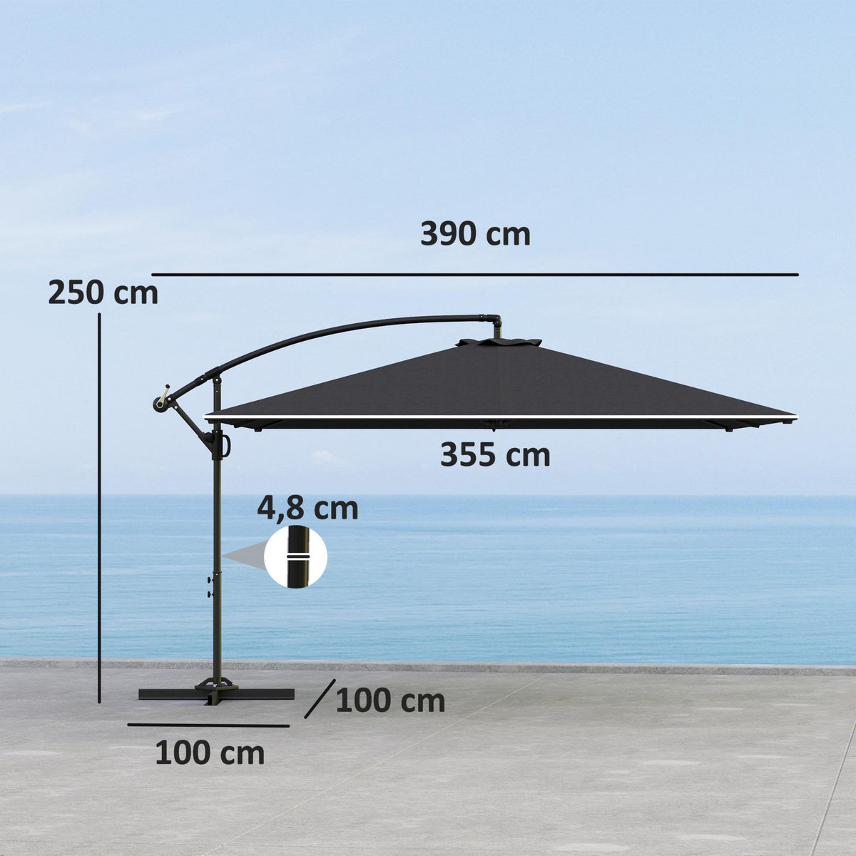OUTSUNNY Parasol déporté rectangulaire grande taille dim. 3,55 x 3,9 m - inclinable, pivotant - manivelle, piètement en croix - gris