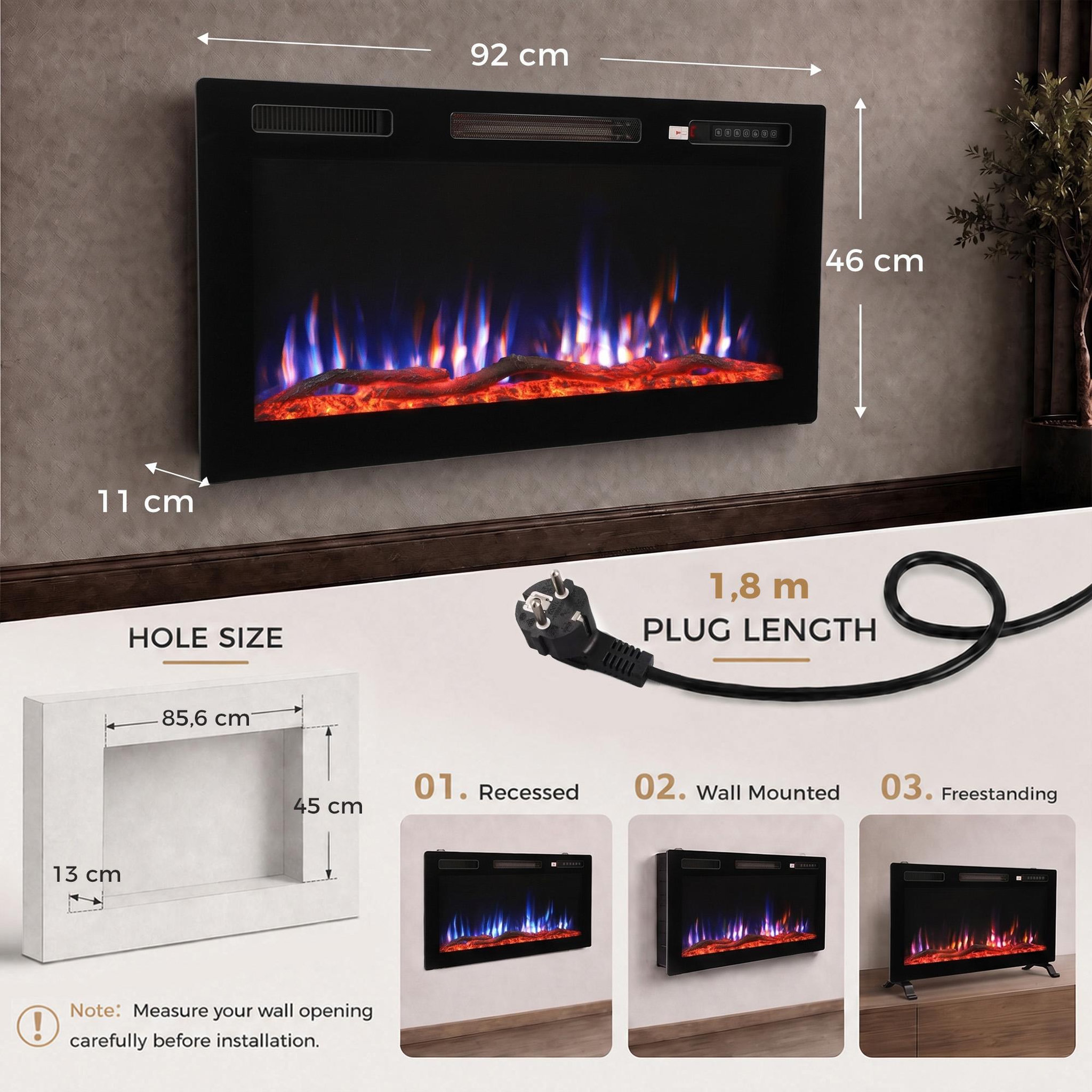 Voir la diapositive 3 : HOMCOM Cheminée électrique design extra-plat sur pieds effet flammes 3D télécommande