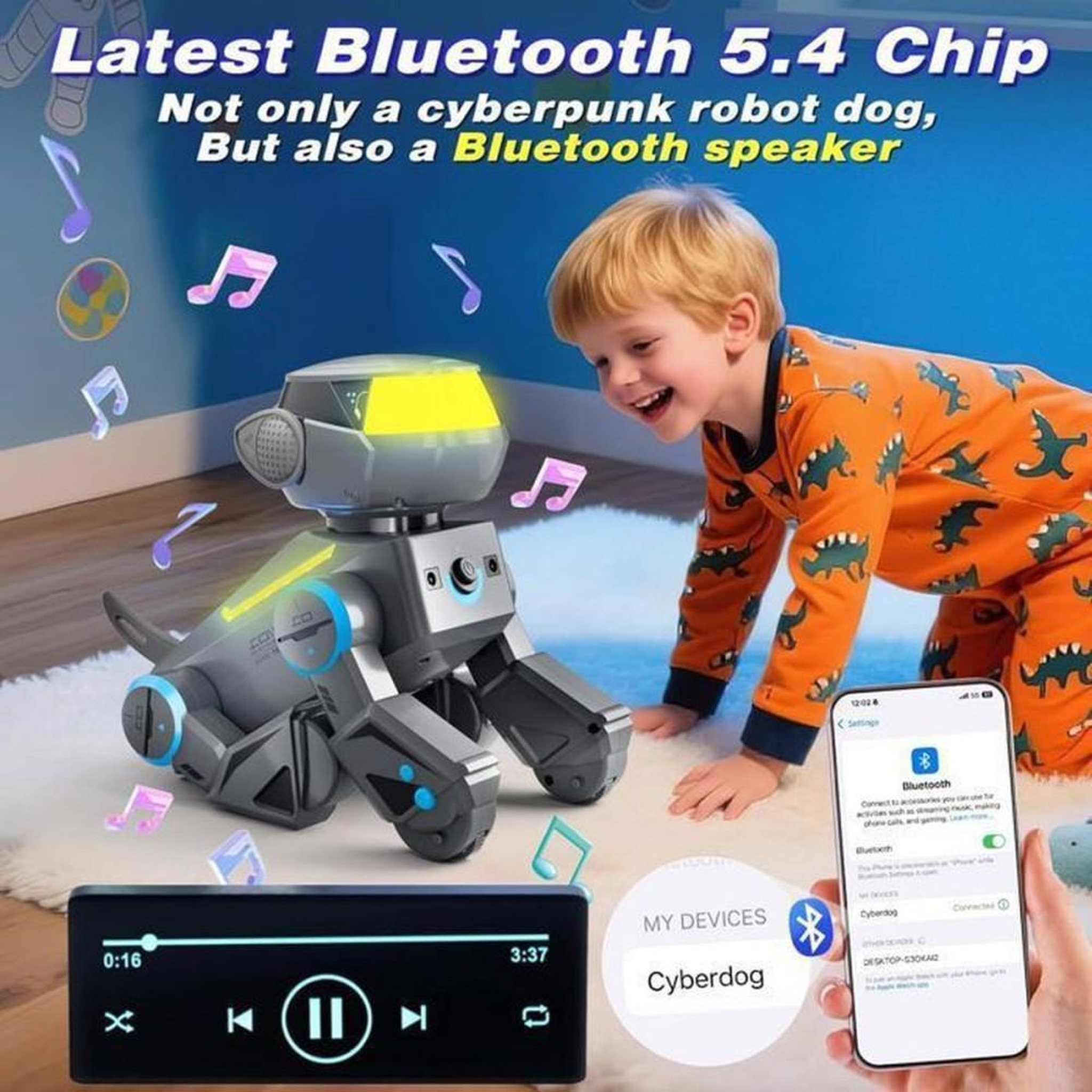 Voir la diapositive 4 : Chien robot télécommandé programmable Bluetooth gris, yeux LED multicolores, sons et musique, jusqu'à 100 actions