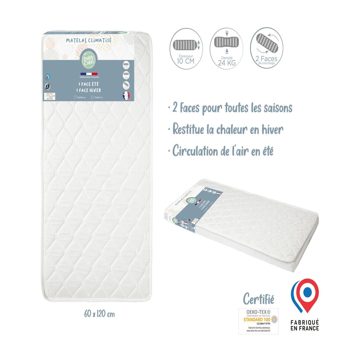 BABYCALIN Matelas climatisé lit bébé 60 x 120 cm - Polyester/Polypropylène - Blanc