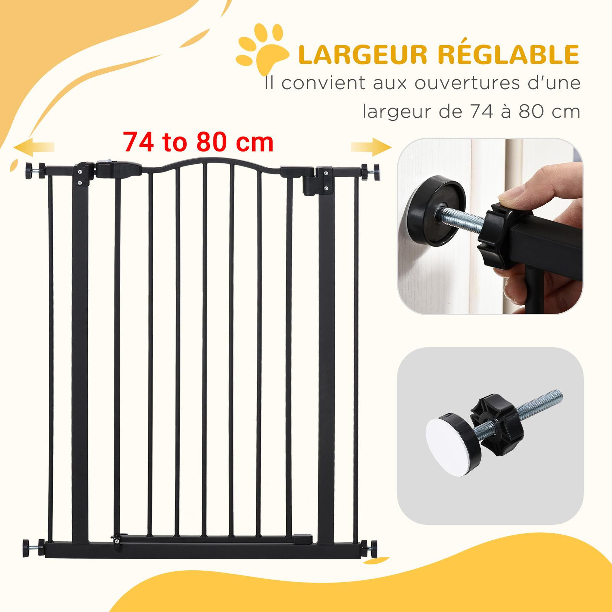 Voir la diapositive 6 : PAWHUT Barrière de sécurité pour chien extensible 74-80 cm -h. 94 cm - sans perçage, double verrouillage - métal noir