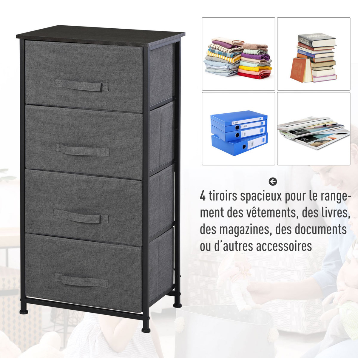 HOMCOM Meuble de rangement 4 tiroirs chiffonnier dim. 45L x 30l x 92H cm métal MDF non tissé noir