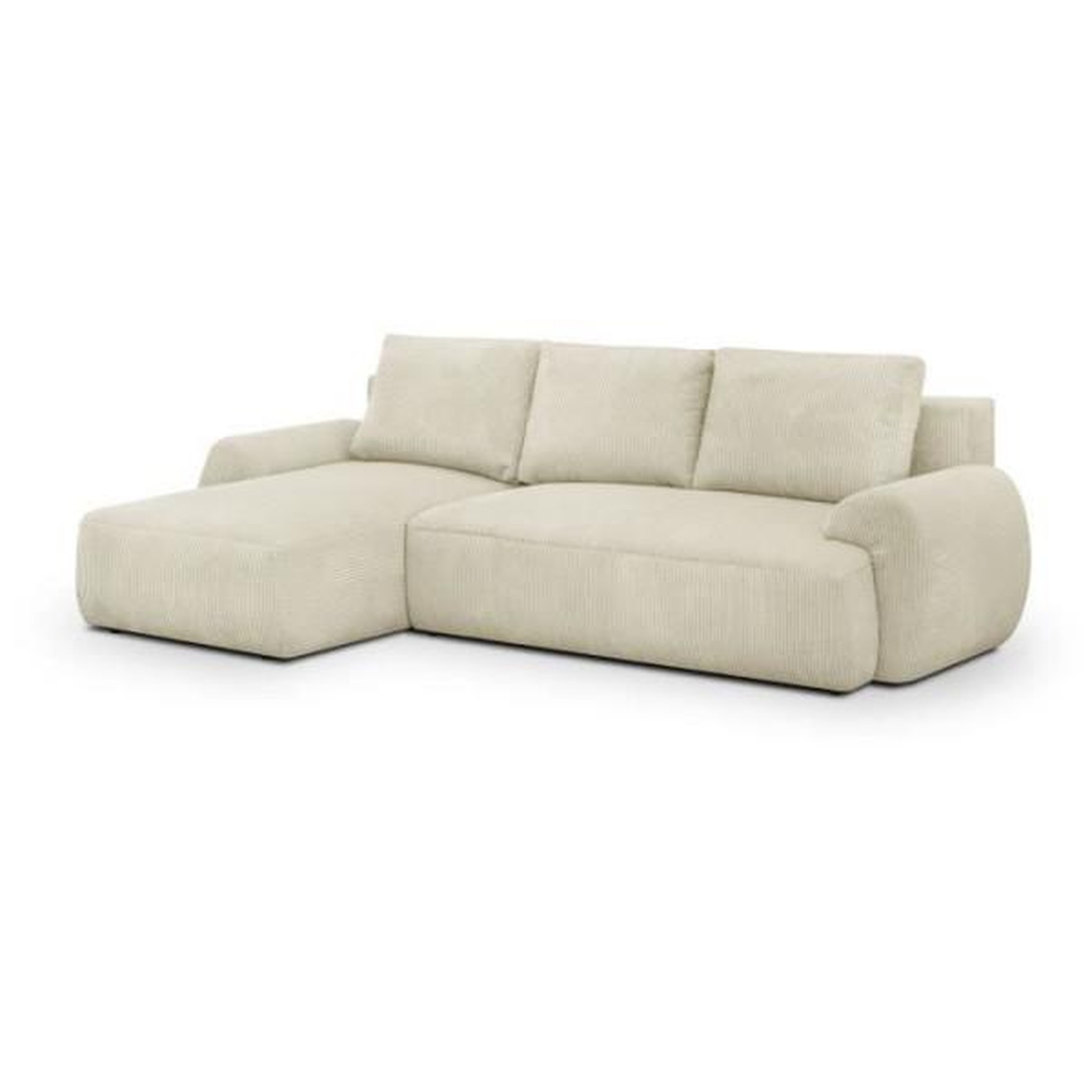 Voir la diapositive 3 : MARKET24 Canapé d'angle gauche convertible 4/5 places MILO - Velours côtelés beige - Coffre de rangement - L 264 x H 84 x P 99/145 cm