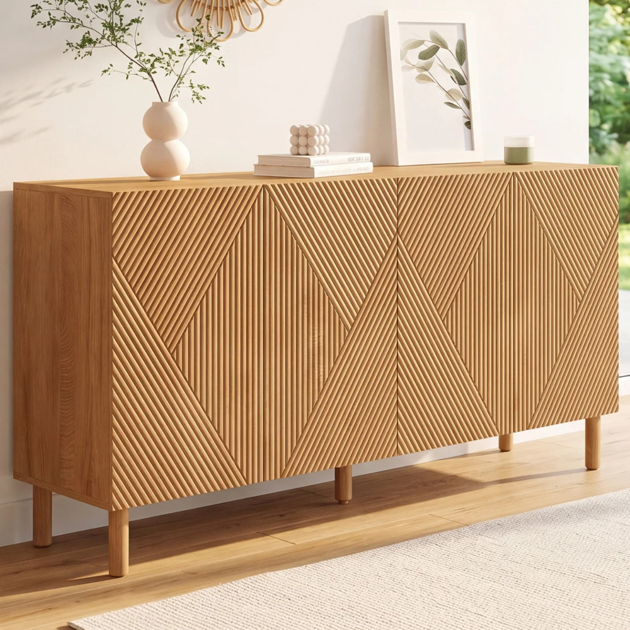 Voir la diapositive 2 : ID MARKET Buffet 160 cm himara 4 portes lattes géométriques bois clair