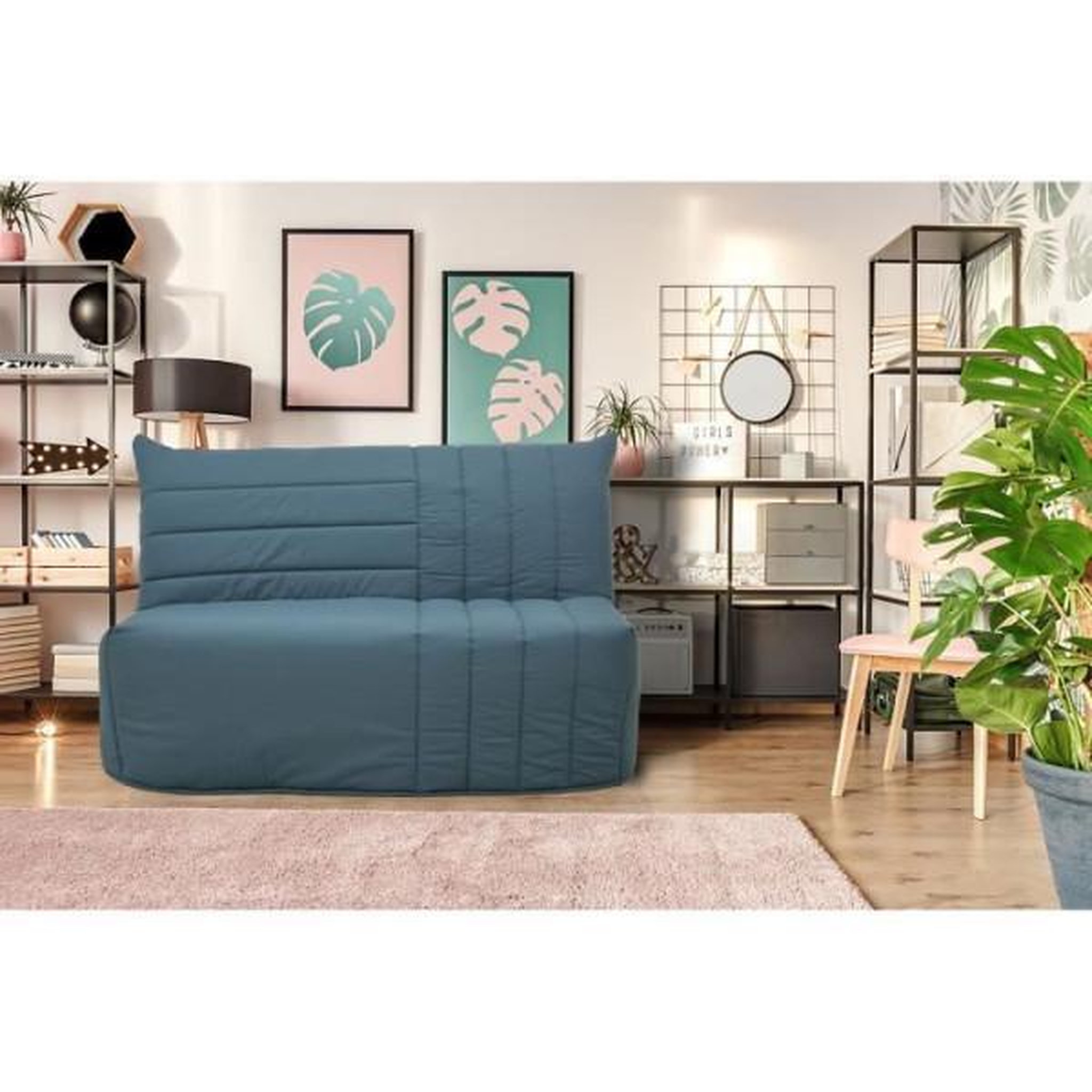 Voir la diapositive 2 : MARKET24 Banquette BZ 2 places BECCI - Tissu bleu de prusse - Matelas Bultex - L142 x P101 x H95cm - Fabrication française