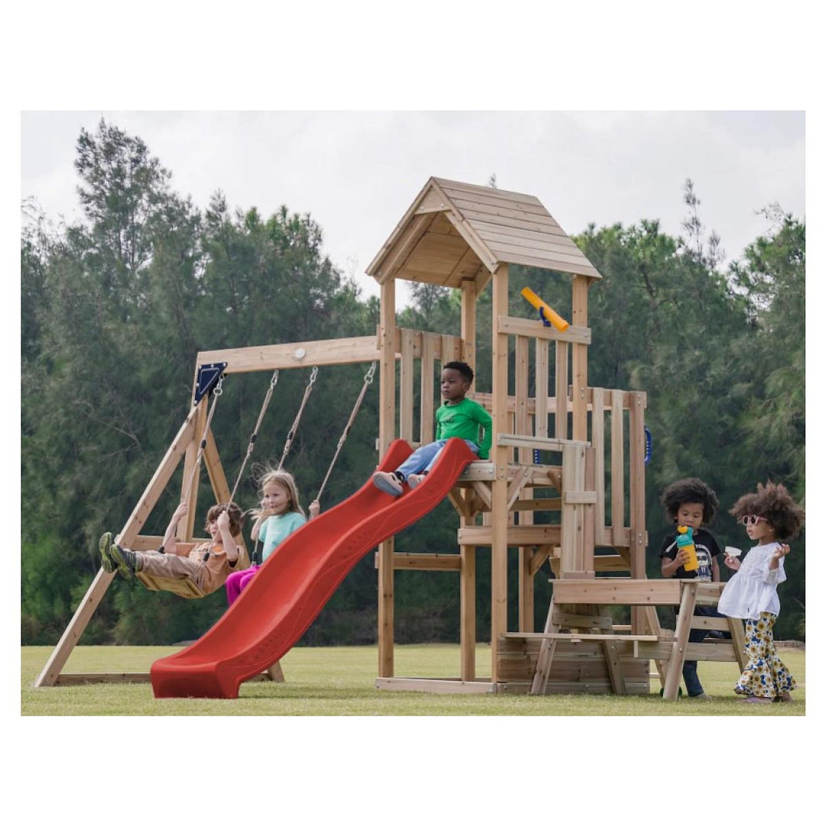 Axi House Portique Mette 2 balançoires + table toboggan rouge