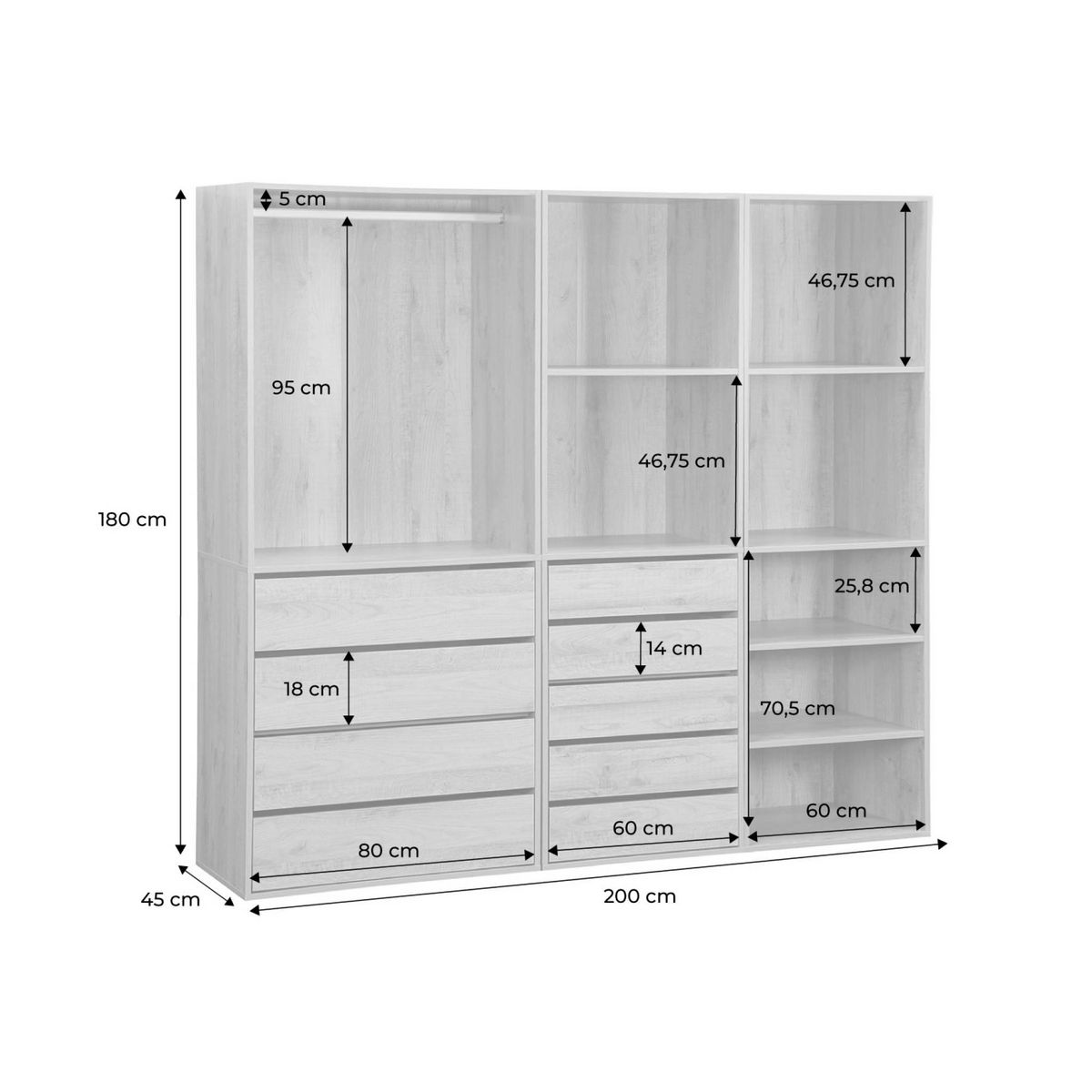 SWEEEK Kit dressing modulable 3 éléments MODULO. naturel. 200 x 45 x 180 cm