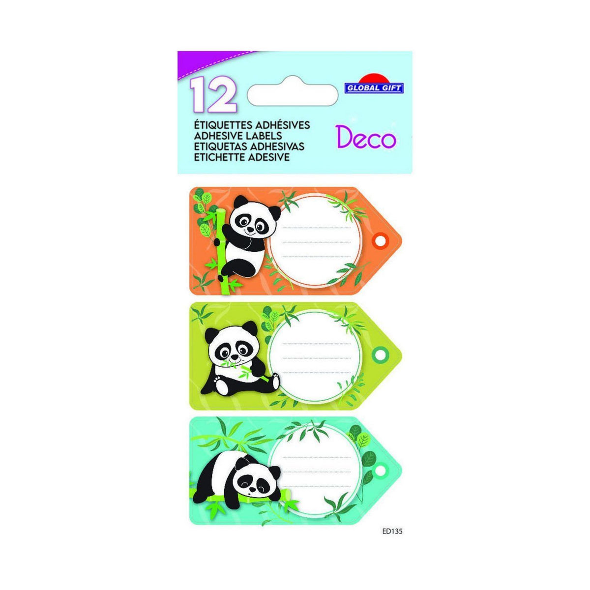 GLOBAL GIFT 12 étiquettes adhésives scolaires - Rectangle - Pandas