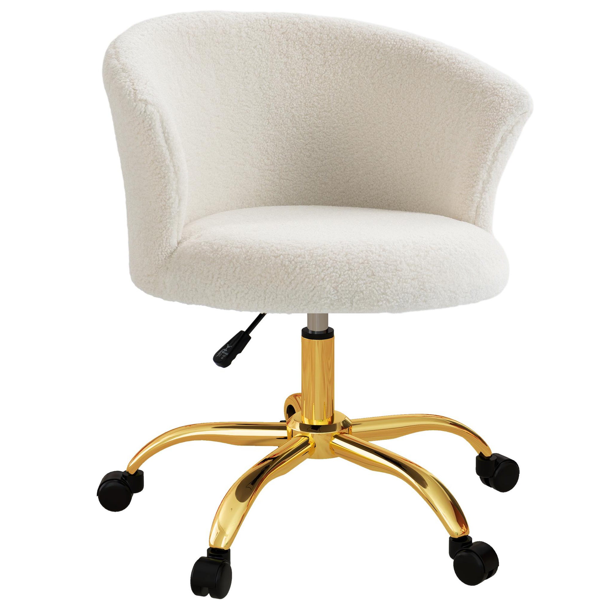 VINSETTO Chaise de bureau design effet courte laine bouclée piètement métal doré blanc