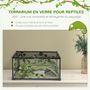 Voir la diapositive 4 : PAWHUT Terrarium verre transparent - couvercle treillis métallique coulissant verrouillable, trappe, distributeur eau, thermomètre - noir