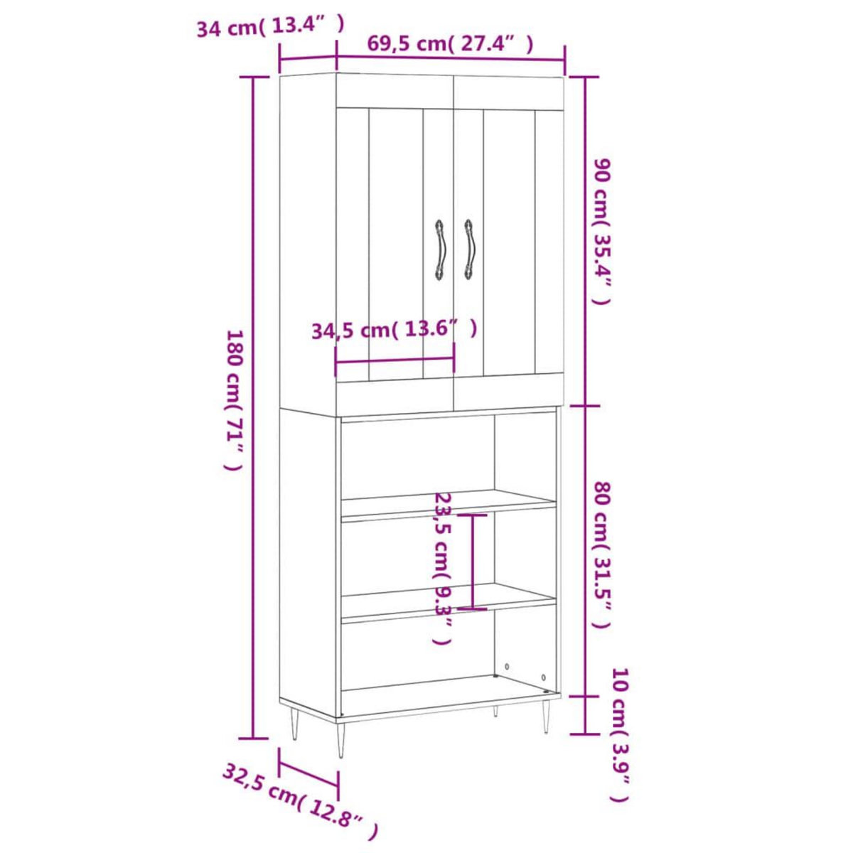 VIDAXL Buffet haut Gris beton 69,5x34x180 cm Bois d'ingenierie