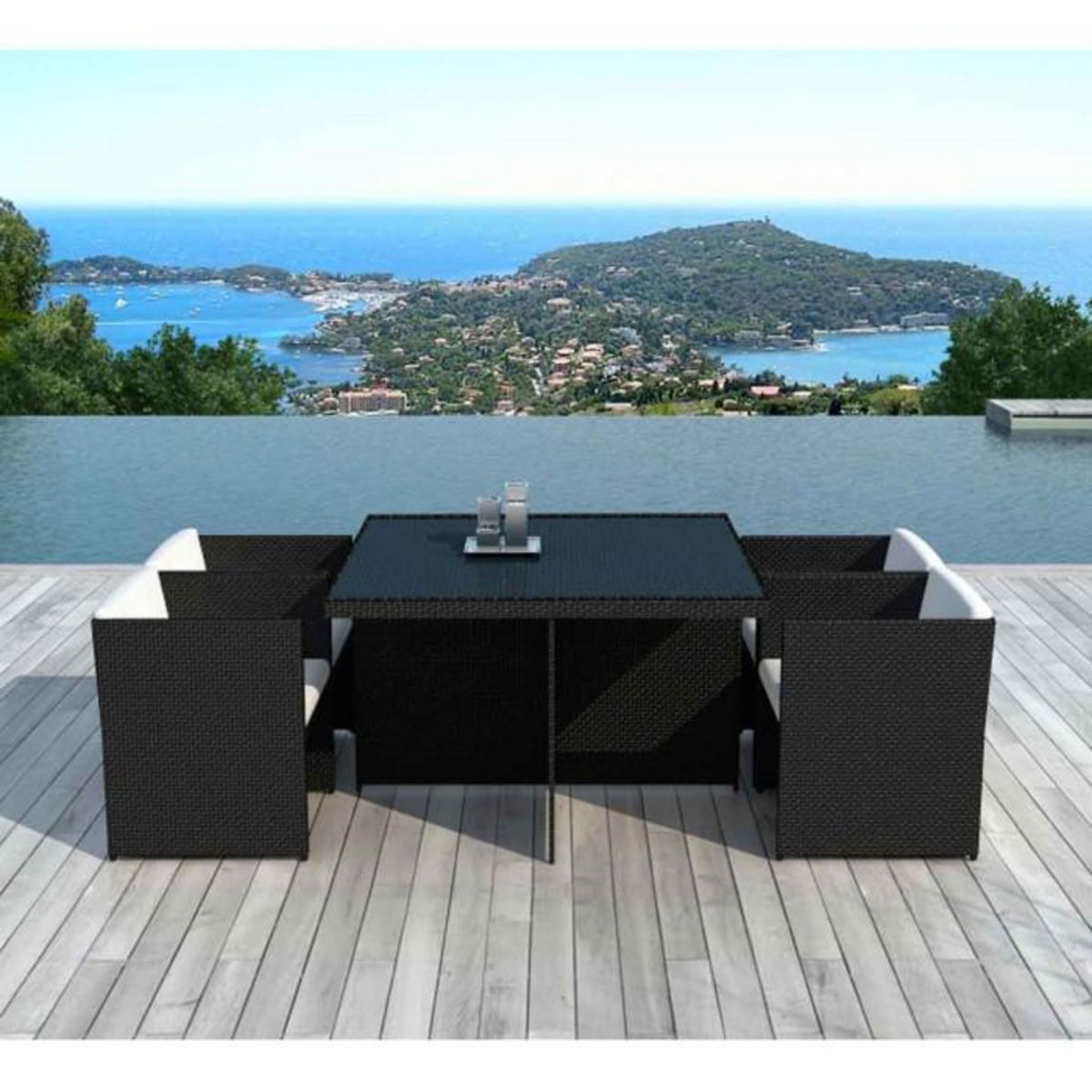 Paris Prix Table & 4 Fauteuils de Jardin  Rocha  115cm Noir & Écru